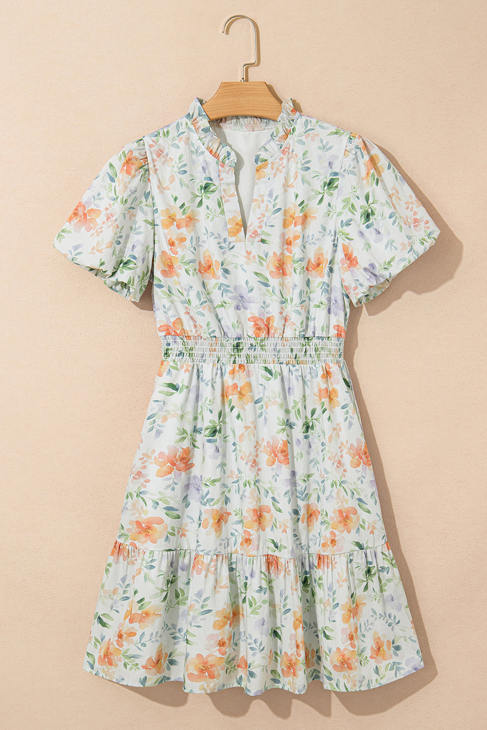 Beige Floral Shirred High Waist Puff Sleeve Mini Dress S-XL