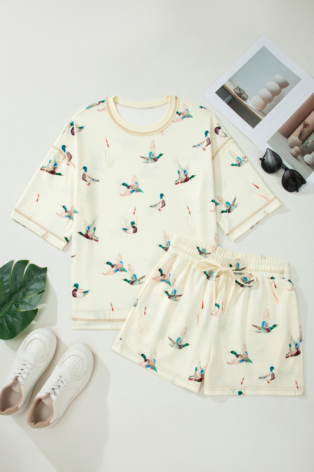 Beige Mallard Duck Print Oversized Tee & Drawstring Shorts Set Women S-XL