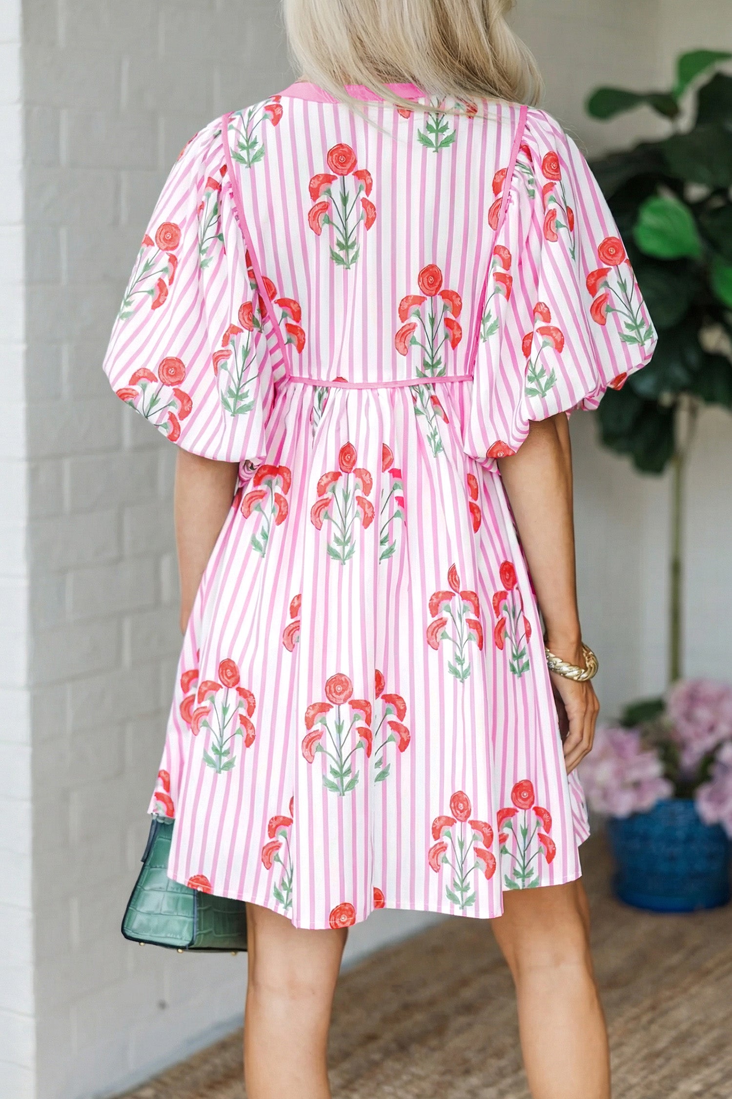 Pink & Sky Blue Floral Stripe Tie Notched Neck Puff Sleeve Mini Dress S-XL