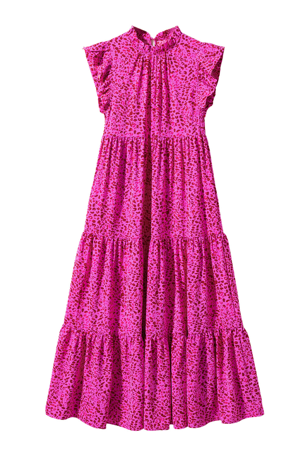 Women's Pink Leopard Print Ruffled Trim Tiered Maxi Dress Animal Pattern Casual Sundress at LivelyLooks