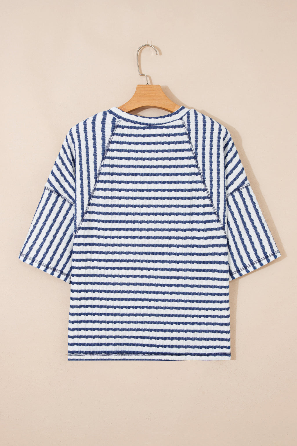 LivelyLooks Brown Stripe Textured Knit Split Hem Half Sleeve Loose Top women's fashion
