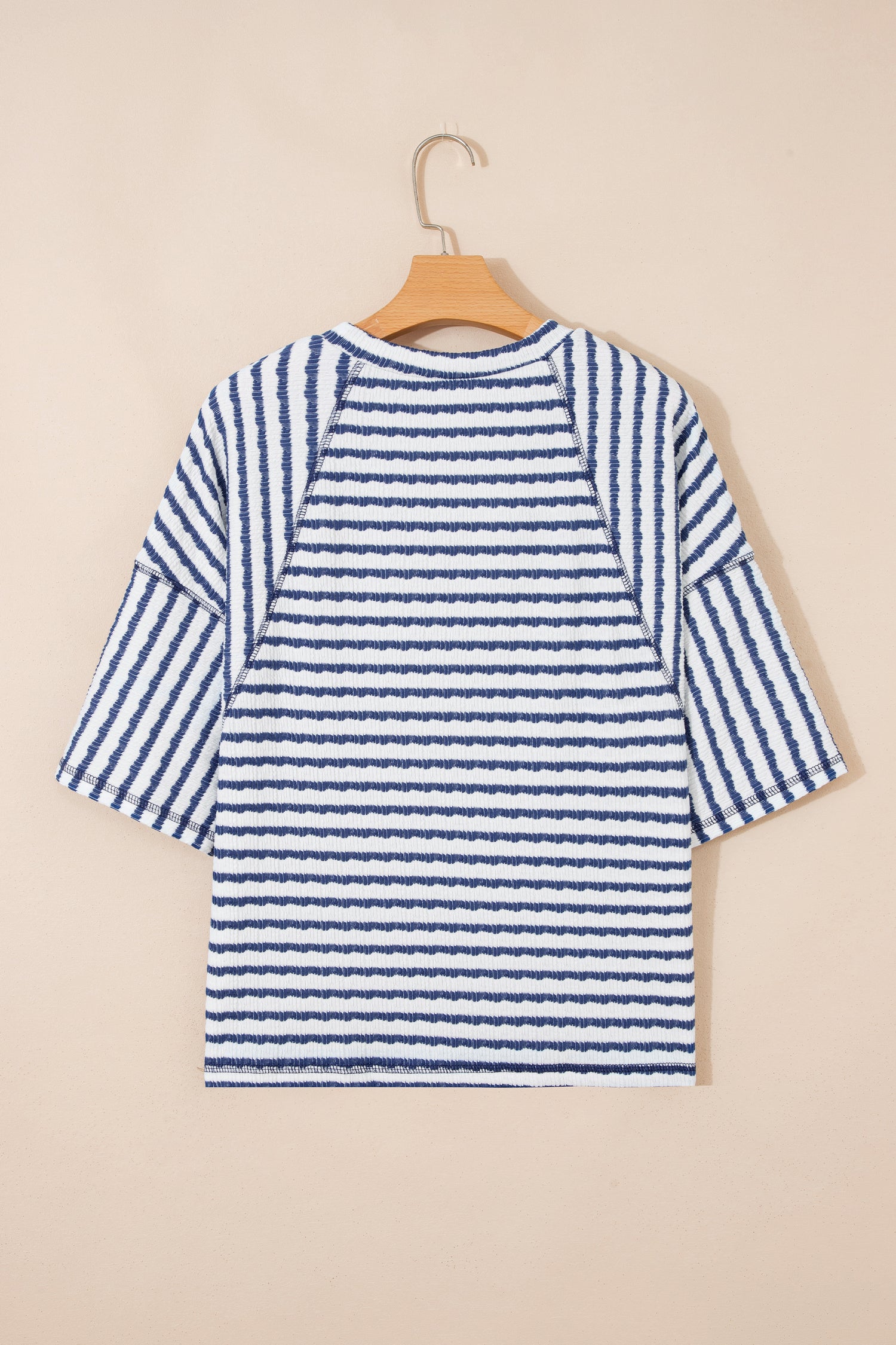 LivelyLooks Brown Stripe Textured Knit Split Hem Half Sleeve Loose Top women's fashion