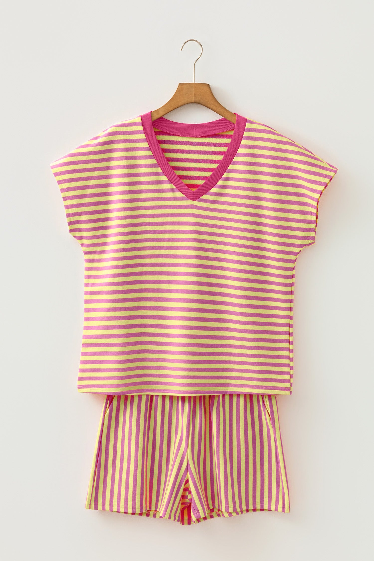 Stripe Colour Block V Neck Tee & Drawstring Shorts Set Pink Green Women S-XL