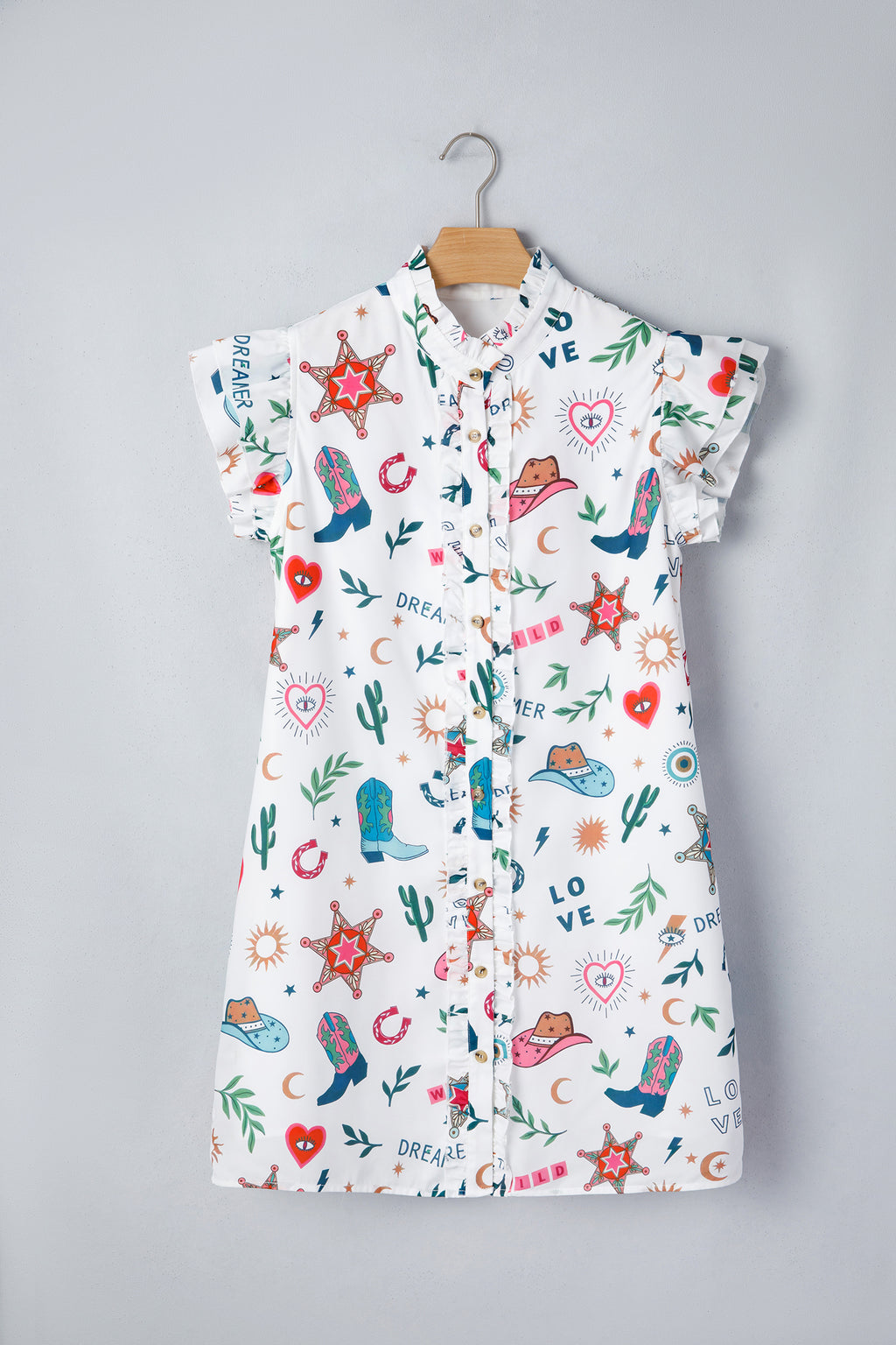Shop White Western Print Flutter Sleeve Mini Dress | Sizes UK 8-20 at LivelyLooks