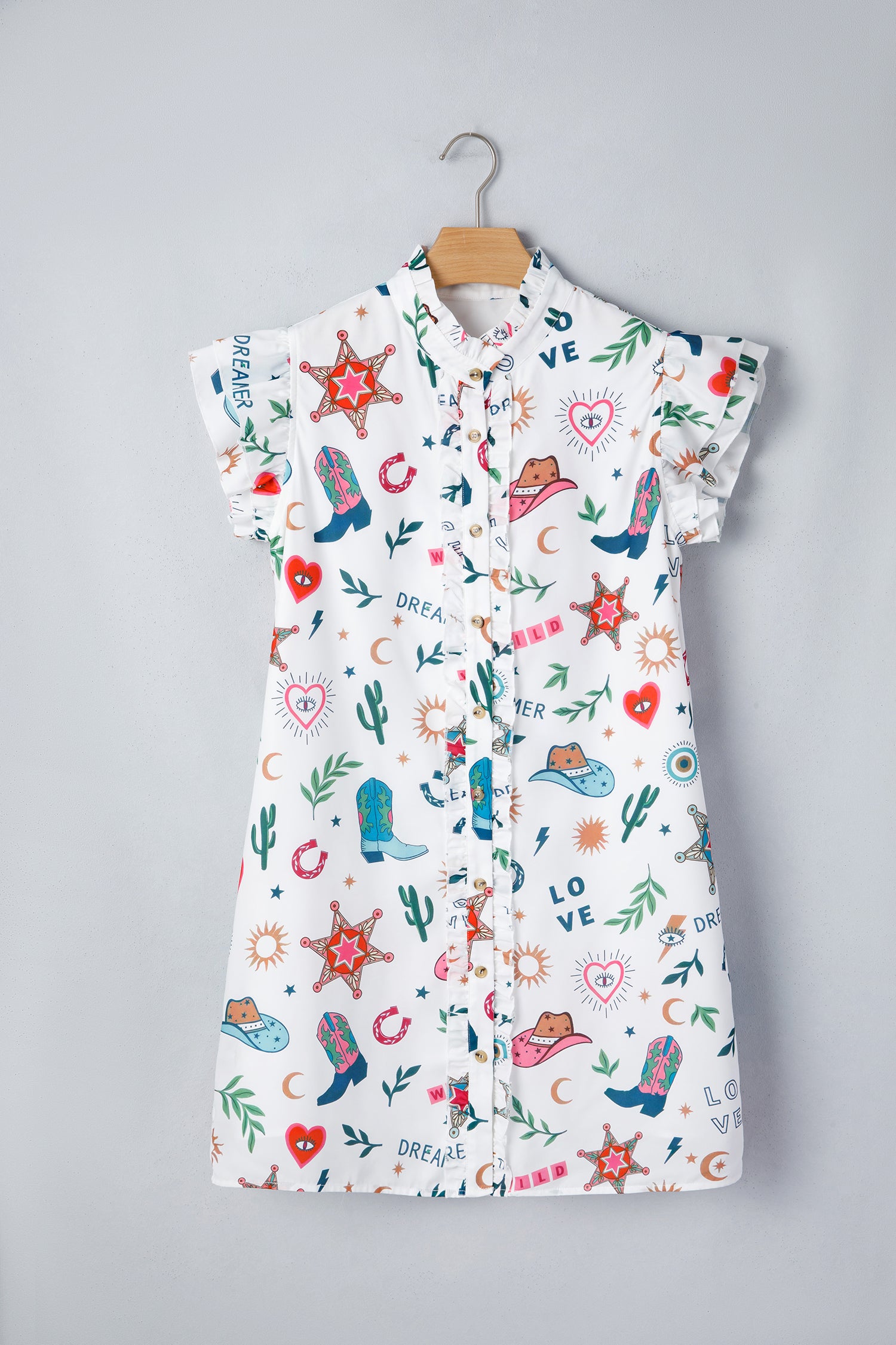 Shop White Western Print Flutter Sleeve Mini Dress | Sizes UK 8-20 at LivelyLooks
