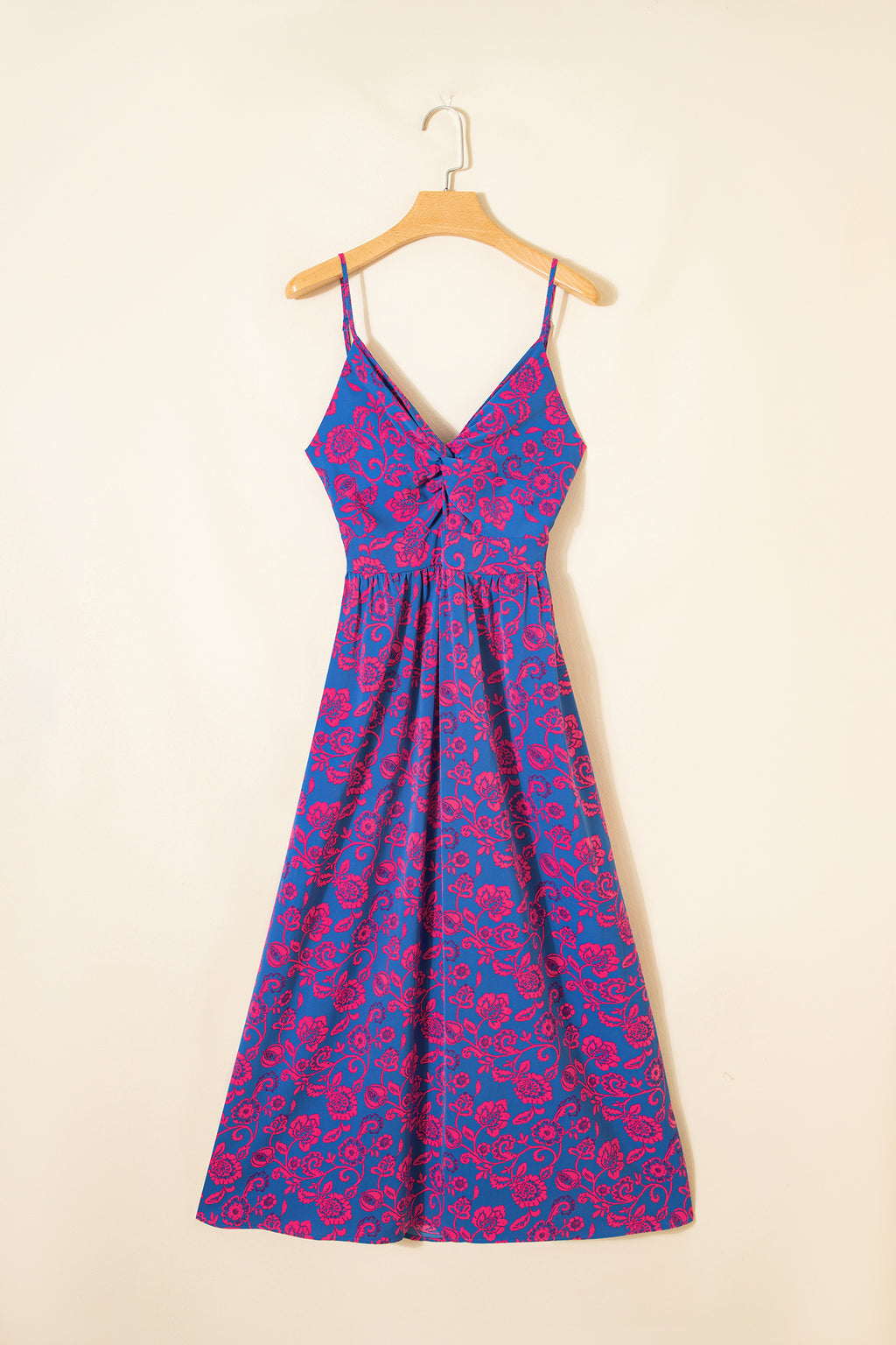 Women's Blue Floral Print Twisted V-Neck Tied Backless Maxi Dress at LivelyLooks