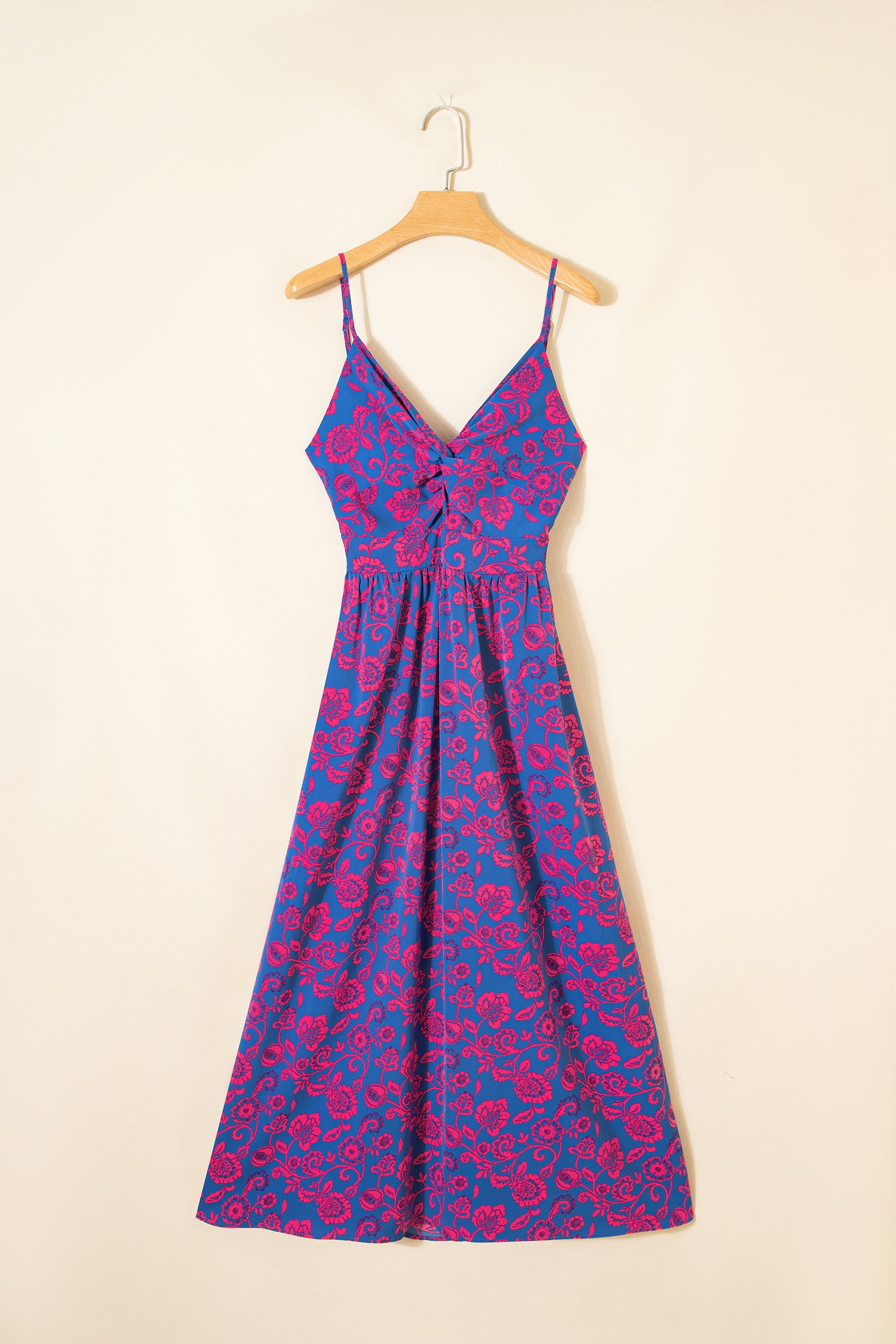 Women's Blue Floral Print Twisted V-Neck Tied Backless Maxi Dress at LivelyLooks