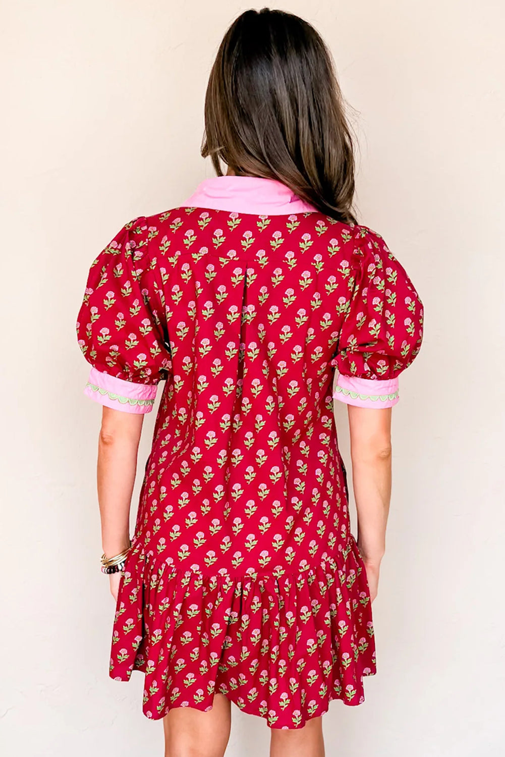 Red Floral Print Mini Dress Contrast V Neck Short Bubble Sleeve Women S-XL