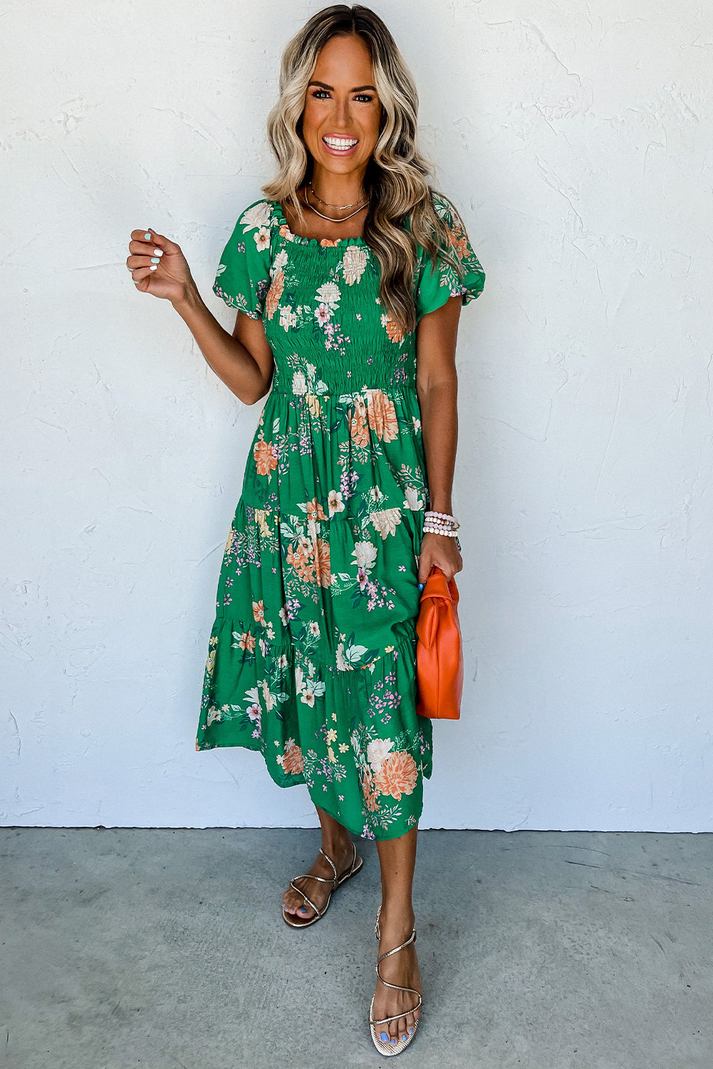 LivelyLooks Green Floral Bubble Sleeve Smocked Tiered Midi Dress women's fashion