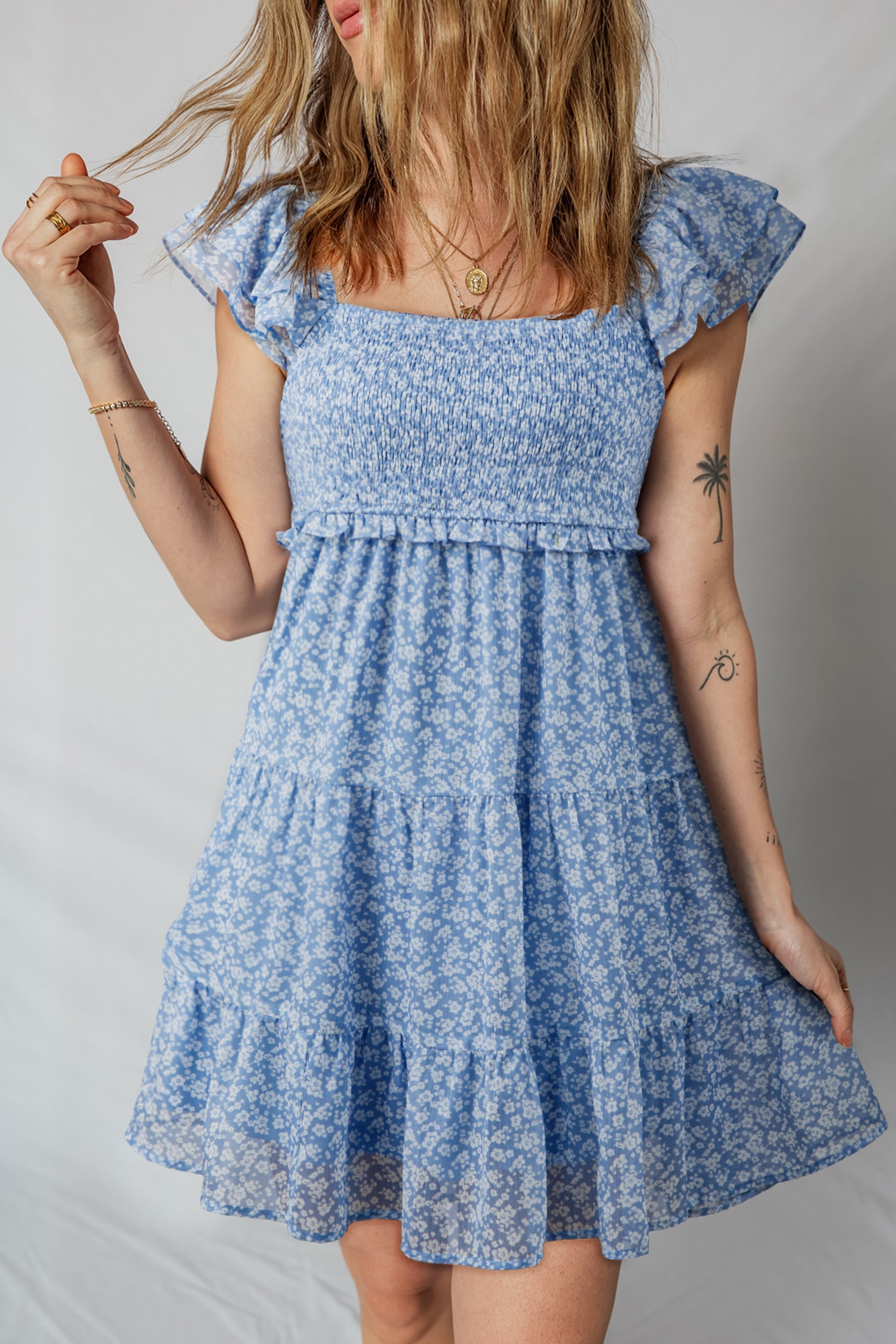 Sky Blue Floral Smocked Tiered Mini Dress Square Neck Flutter Sleeve