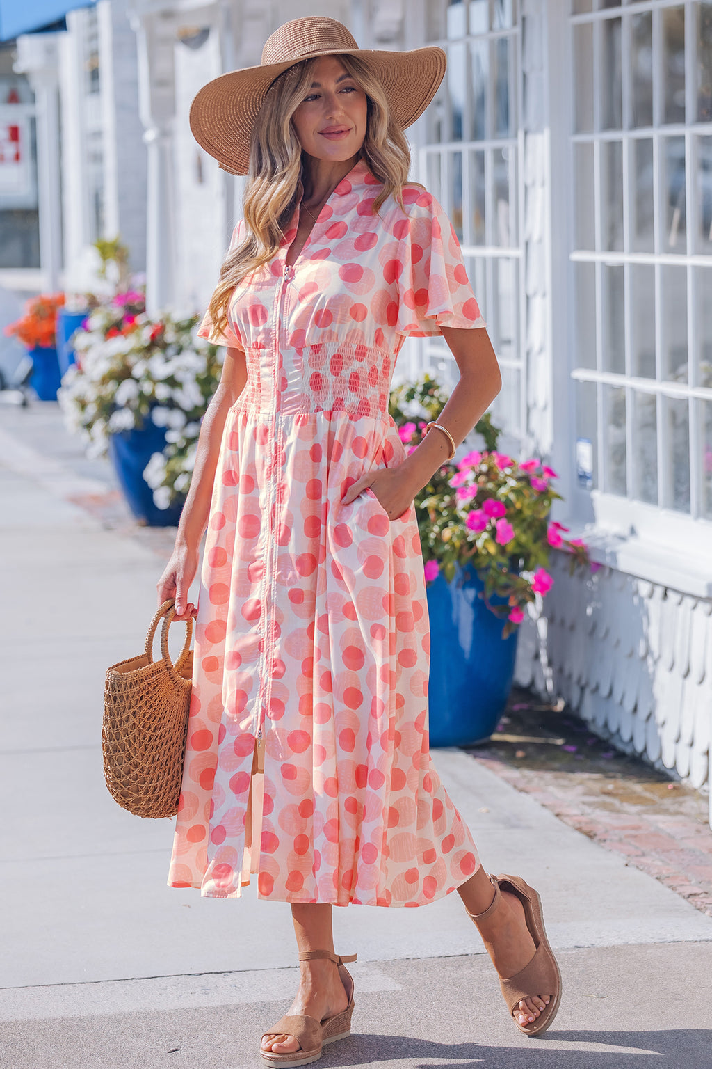 Women's Pink Polka Dot Ruffle Short Sleeve Zip-Up Maxi Dress at LivelyLooks