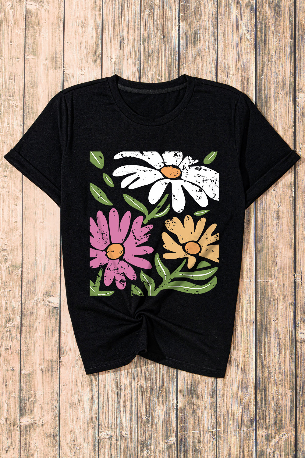 Shop Black Retro Floral Print Crew Neck Casual T-Shirt S-2XL at LivelyLooks