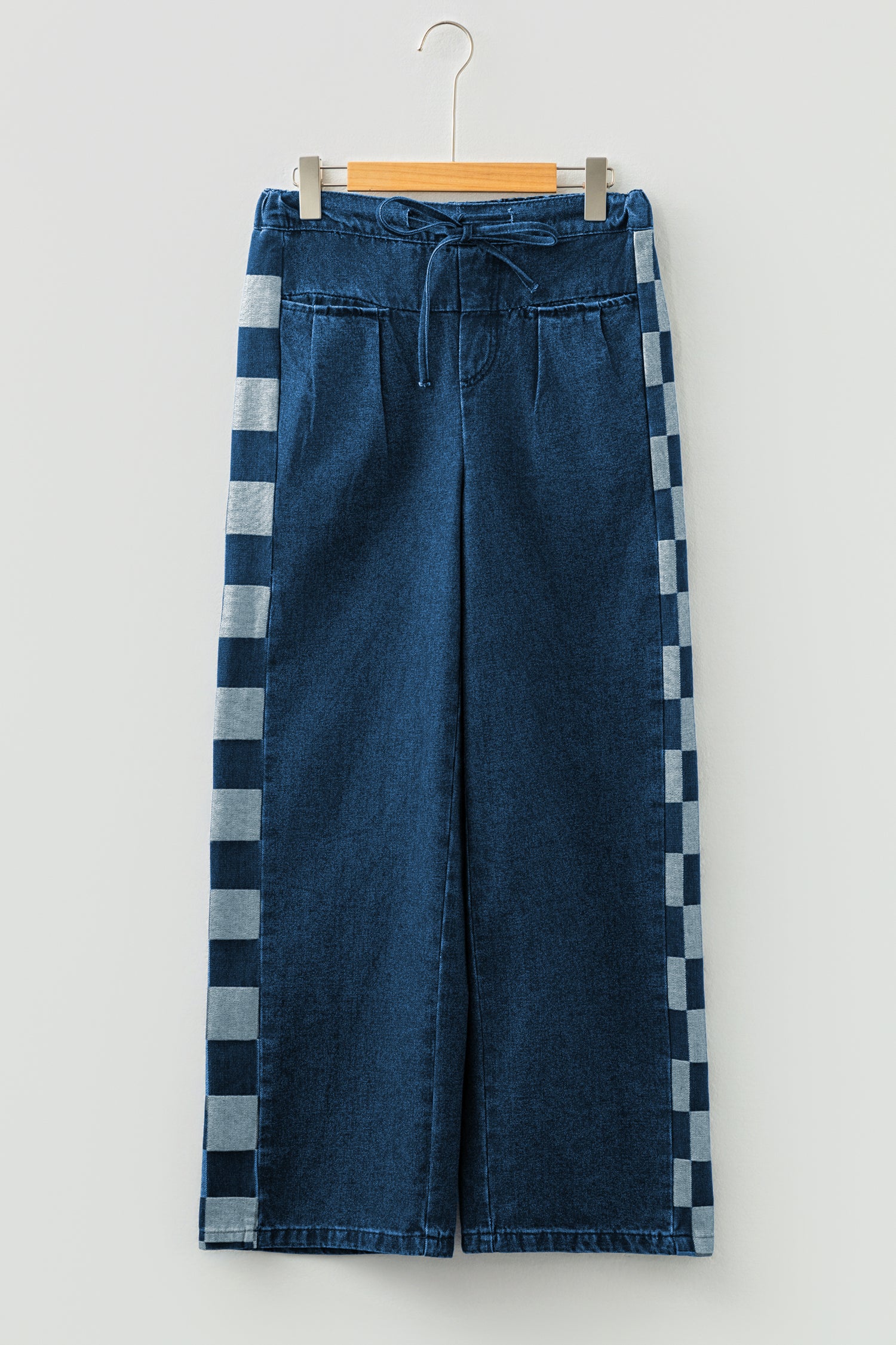 Women's Women's Patchwork Denim Pants Checkered Side Panel Drawstring Loose Sizes 4-16 at LivelyLooks