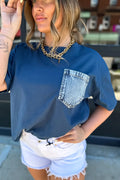 LivelyLooks Sail Blue Colour Block Chest Pocket Casual Short Sleeve Top women's fashion