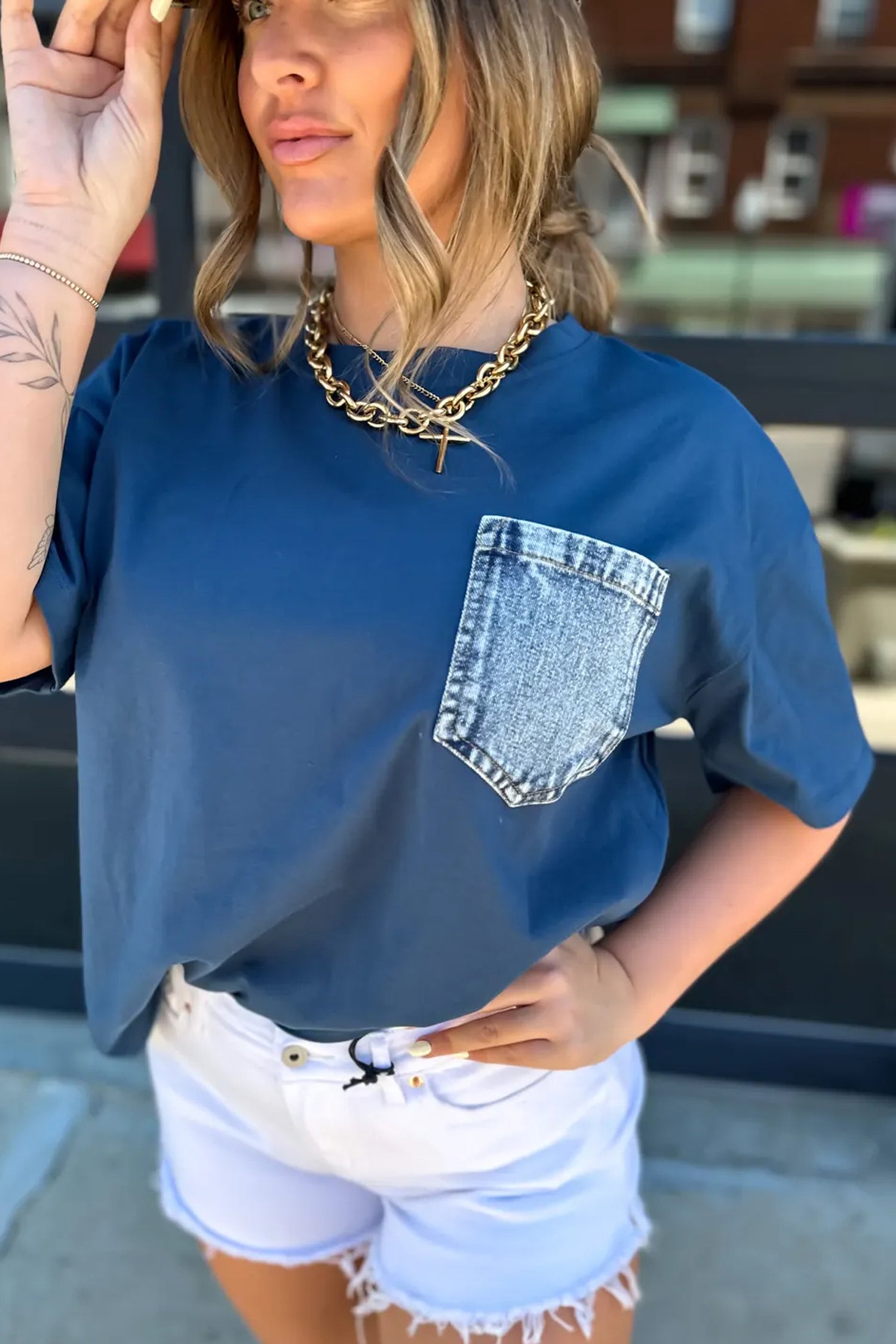 LivelyLooks Sail Blue Colour Block Chest Pocket Casual Short Sleeve Top women's fashion