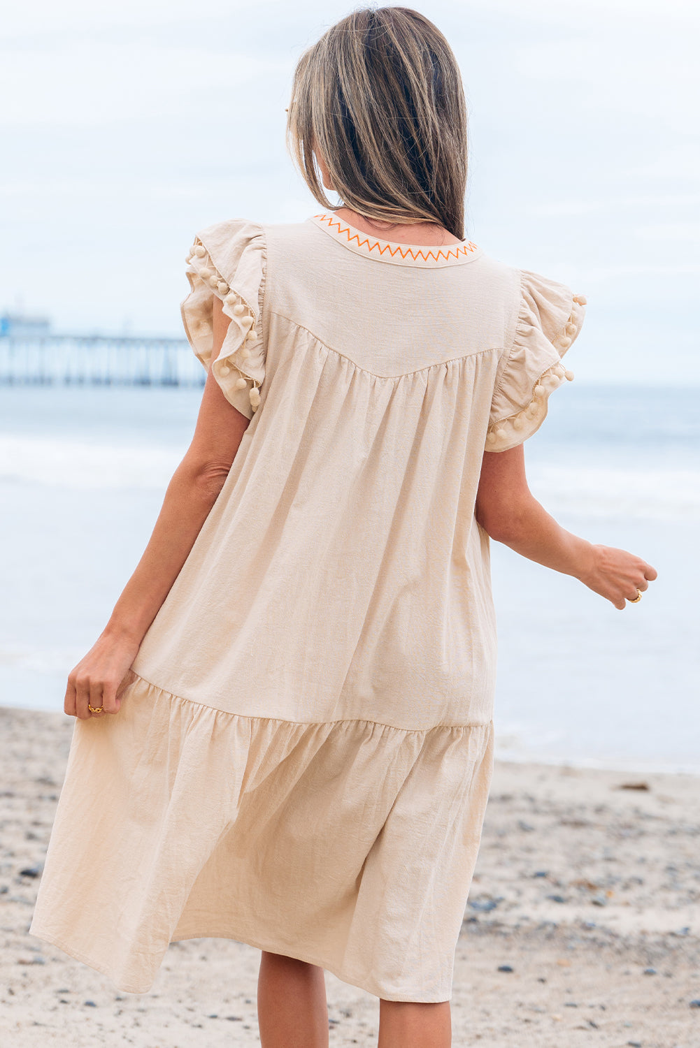 Shop Floral Embroidery Pom Pom Ruffle Sleeve Split Neck Mini Dress | S-XL at LivelyLooks
