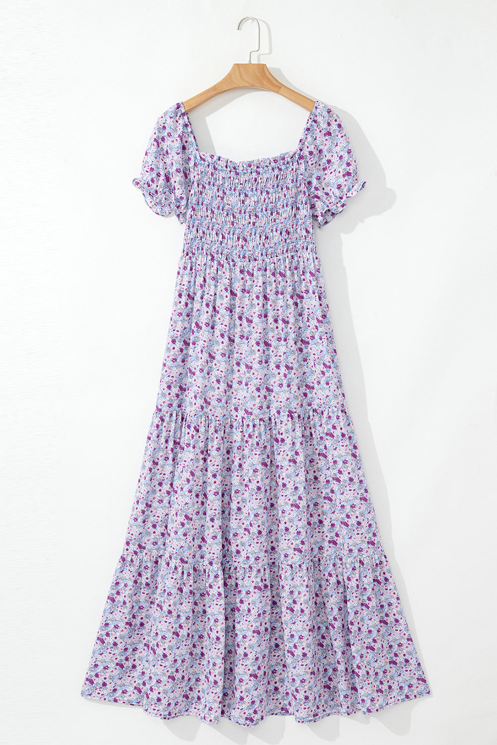 LivelyLooks Floral Bubble Sleeve Shirred High Waist Maxi Dress Purple Square Neck S-XL women's fashion