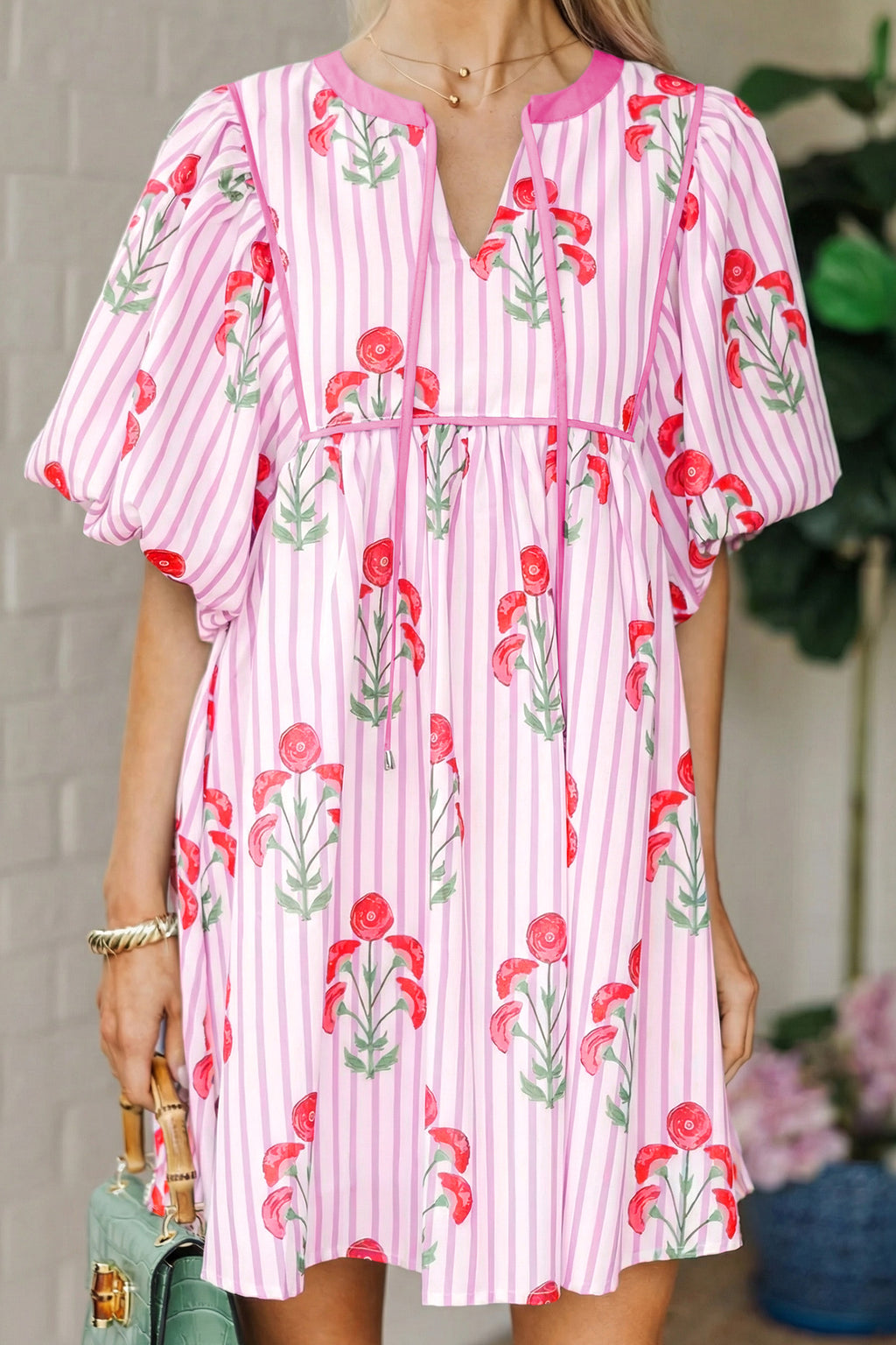 Pink & Sky Blue Floral Stripe Tie Notched Neck Puff Sleeve Mini Dress S-XL