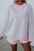 Stripe Colour Block Long Sleeve Pullover & Shorts Set | Pink, Yellow & Green Stripe