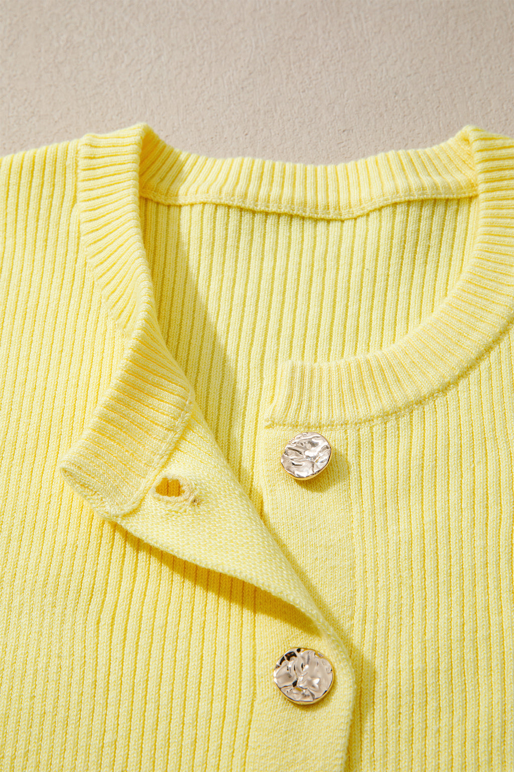 Yellow Ribbed Knit Contrast Trim Frilled Short Sleeve Cardigan