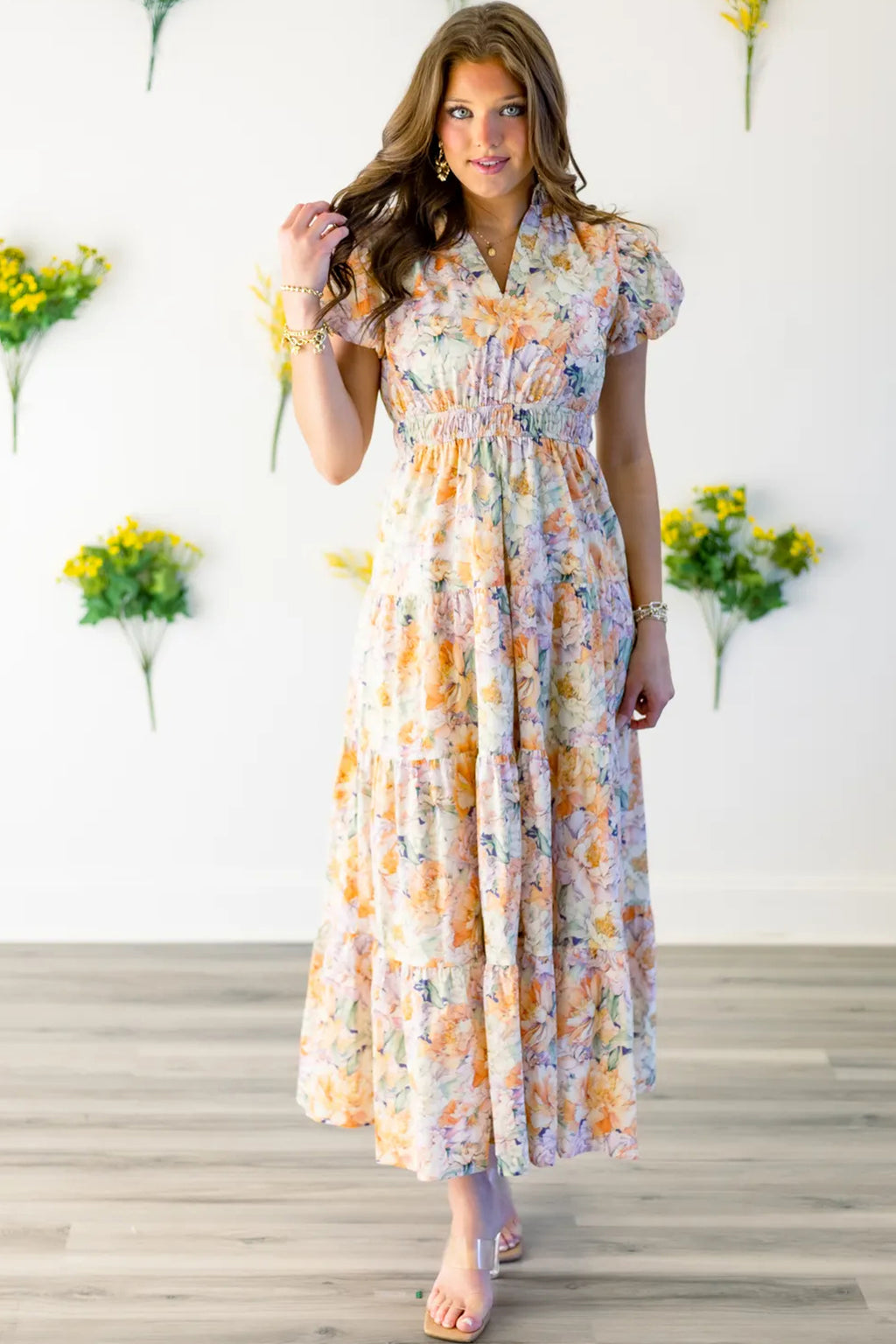 Shop Floral Bubble Sleeve V-Neck Flared Maxi Dress | Orange | S-XL at LivelyLooks