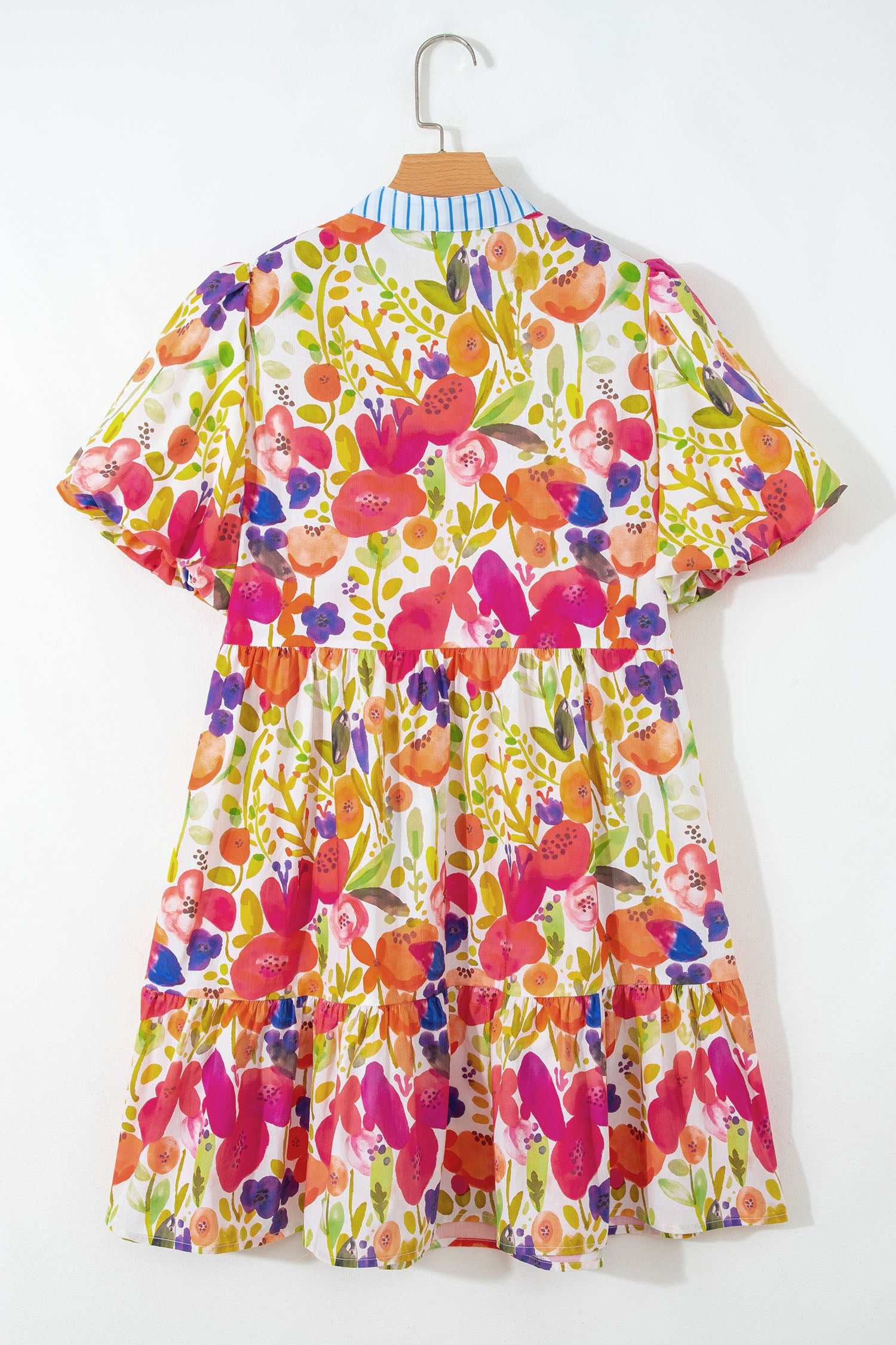 Rose Floral Ricrac Trim Striped Patchwork V Neck Mini Dress S-XL
