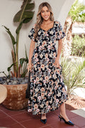Shop Blue Floral Smocked High Waist Short Sleeve Maxi Dress at LivelyLooks