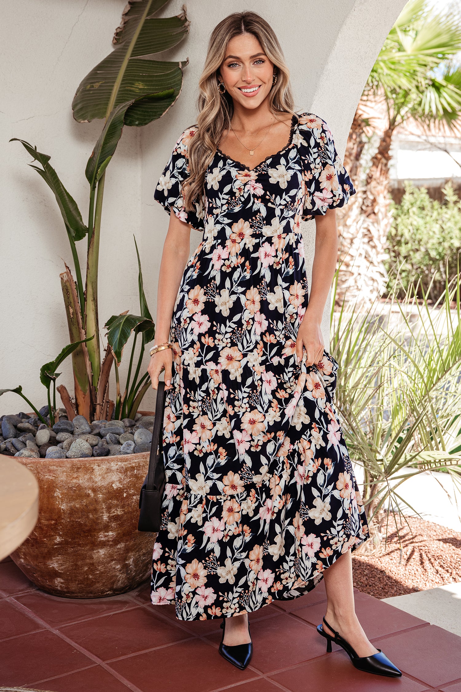 Shop Blue Floral Smocked High Waist Short Sleeve Maxi Dress at LivelyLooks