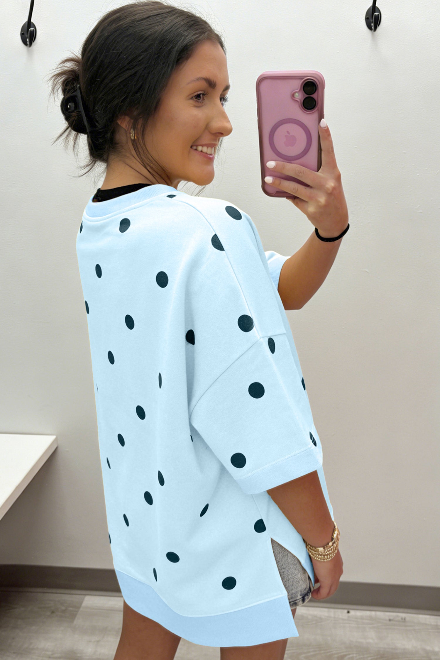 Women's Polka Dot Oversized Tee Crossed Seam Detail Yellow Sky Blue S-XL