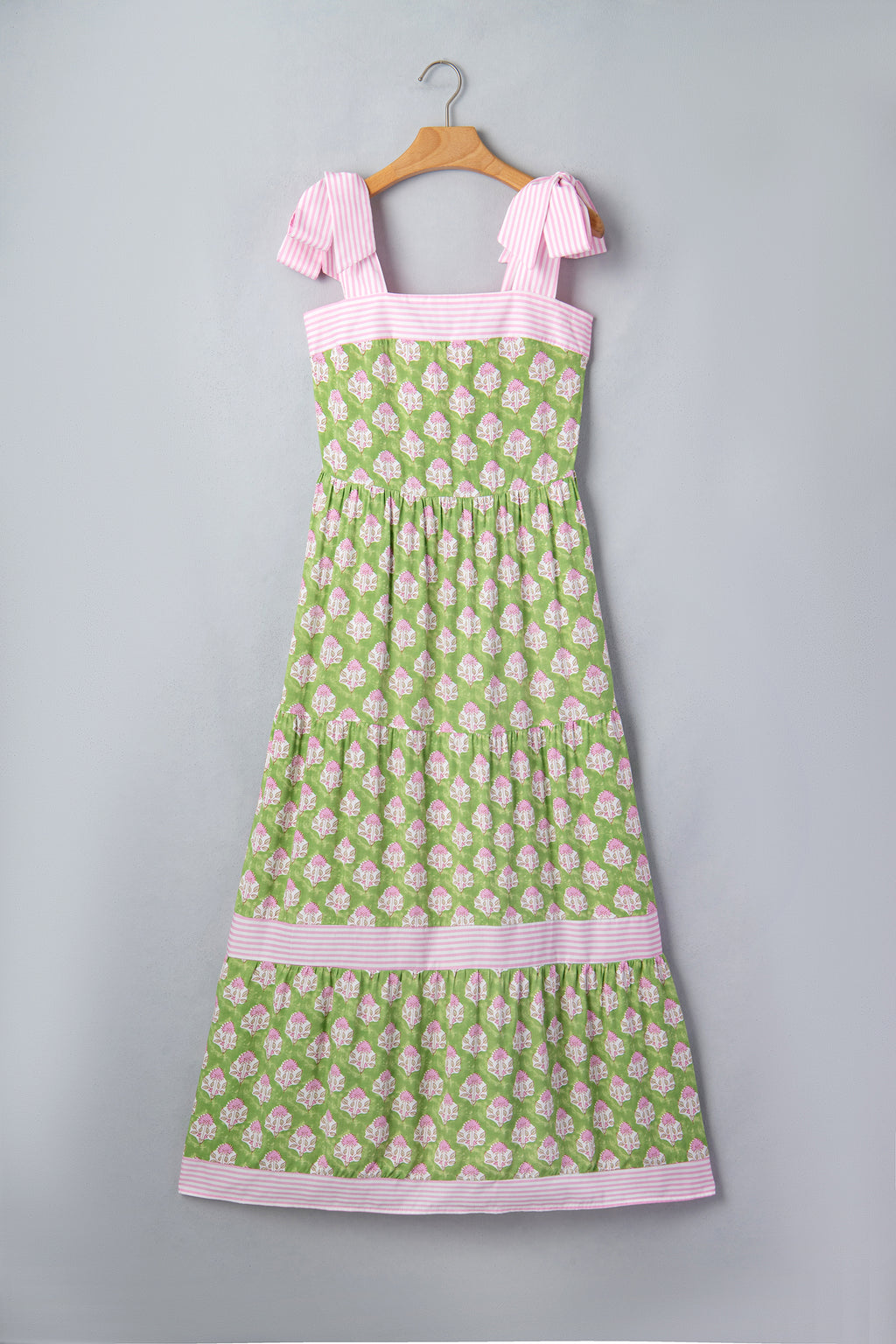 Women's Green Floral Print Striped Knot Strap Maxi Dress at LivelyLooks