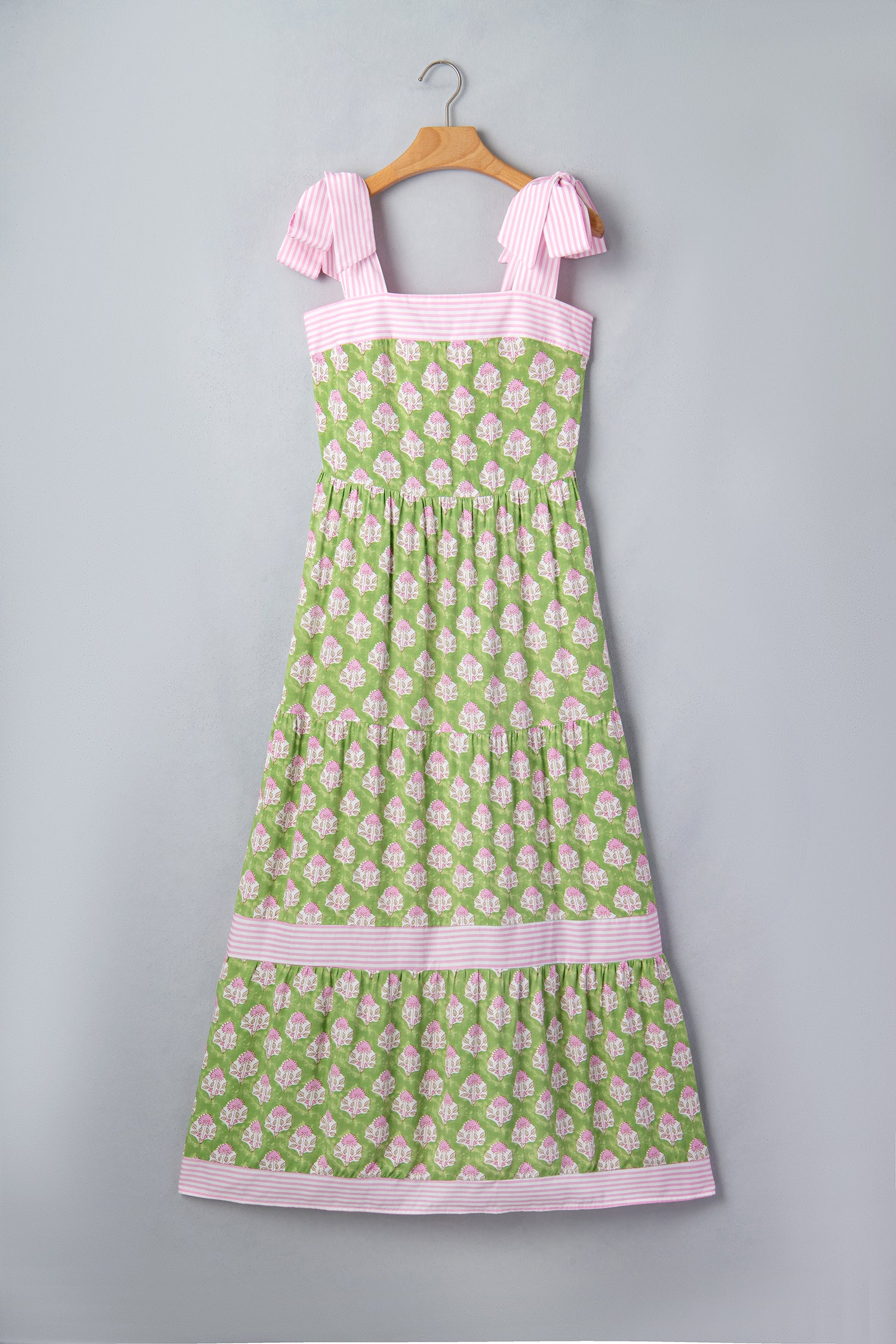 Women's Green Floral Print Striped Knot Strap Maxi Dress at LivelyLooks