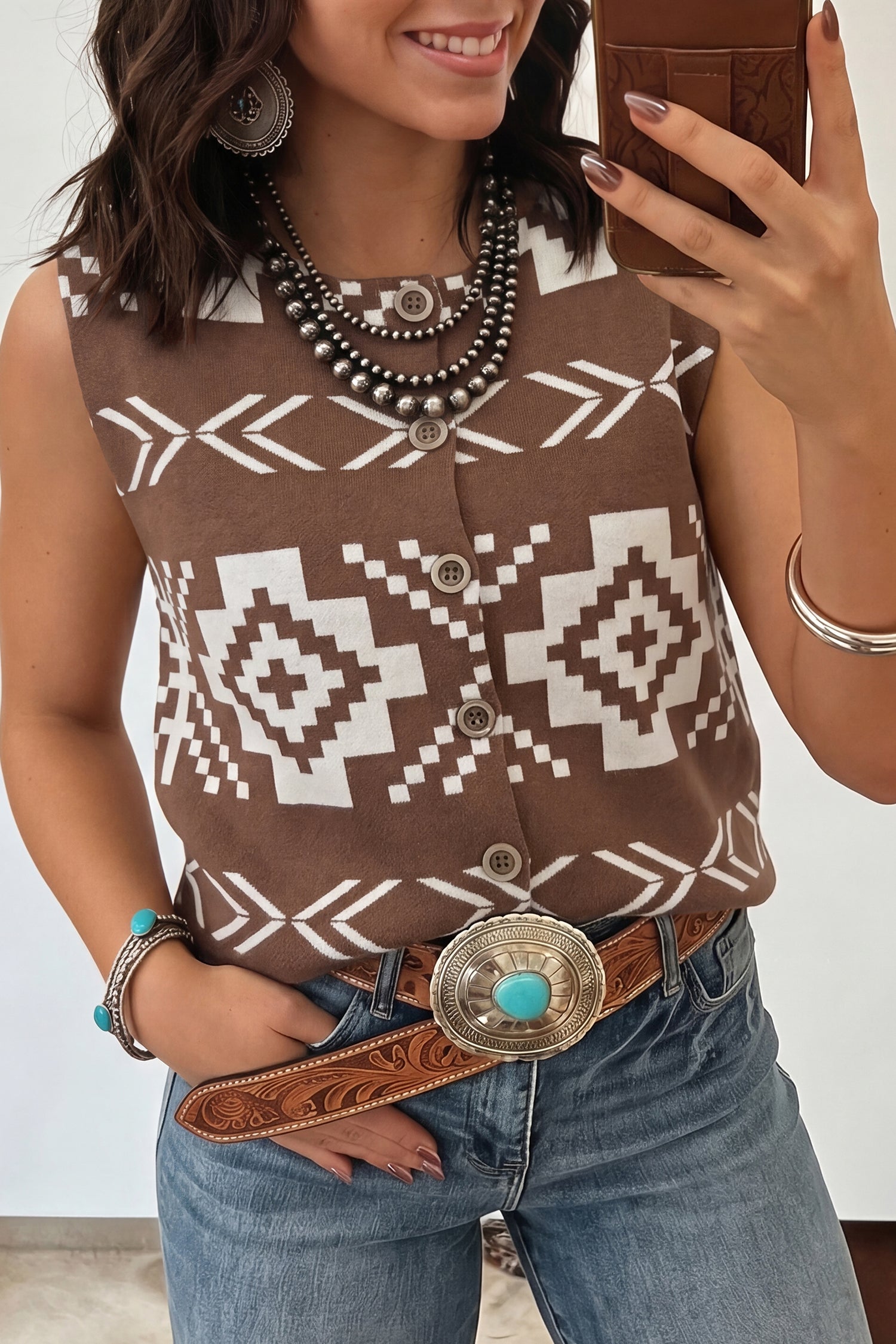 Brown Aztec Print Sleeveless Sweater Vest Round Neck S-XL