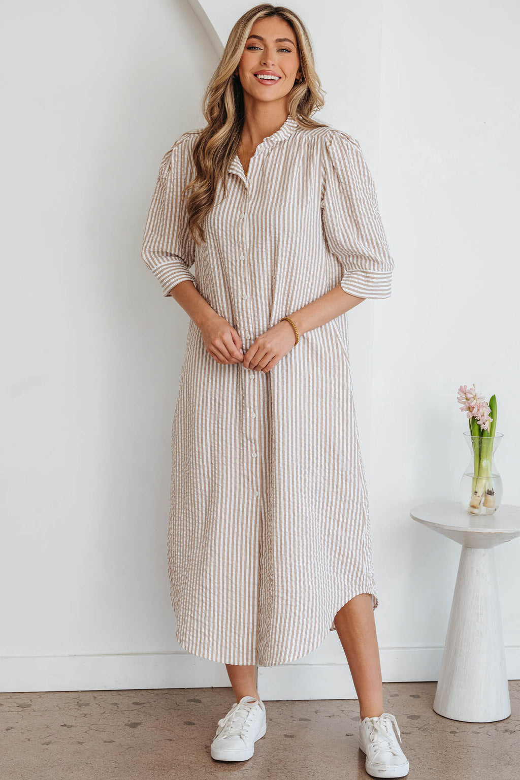 Khaki Stripe Frilled Collar Shirt Maxi Dress | Half Sleeve