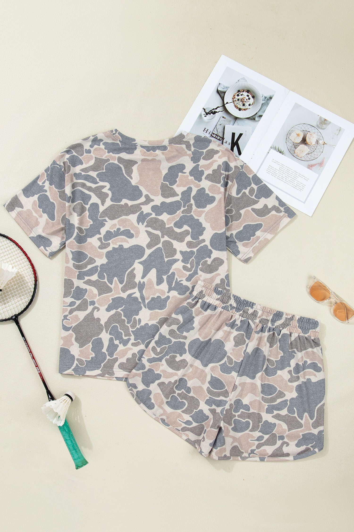 Multicolour Camouflage Loose Tee & Drawstring Shorts 2pcs Outfit