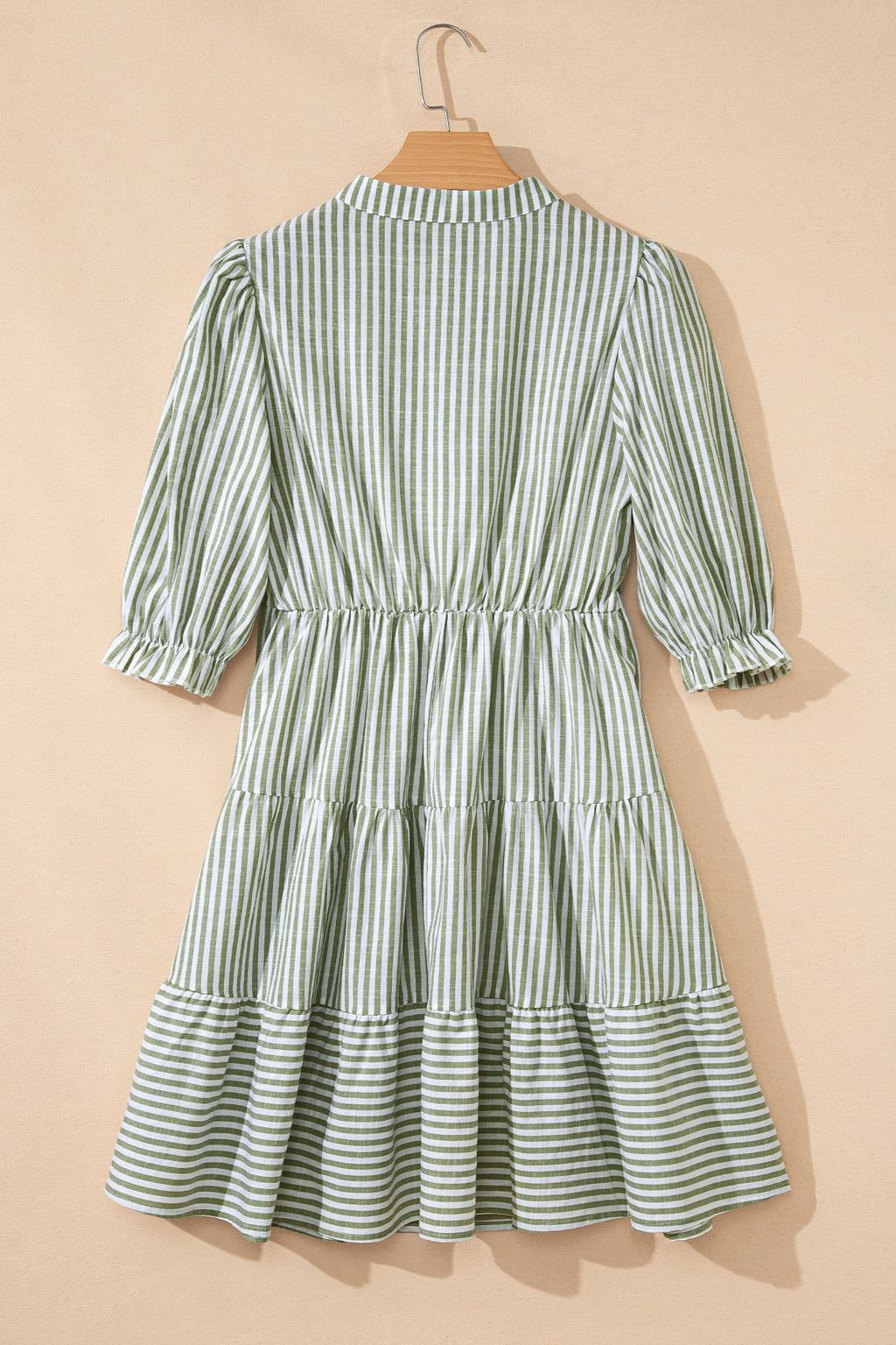 Green Stripe Tiered Dress Tasseled Tie Neck Ruffled Short Sleeve Women S-XL