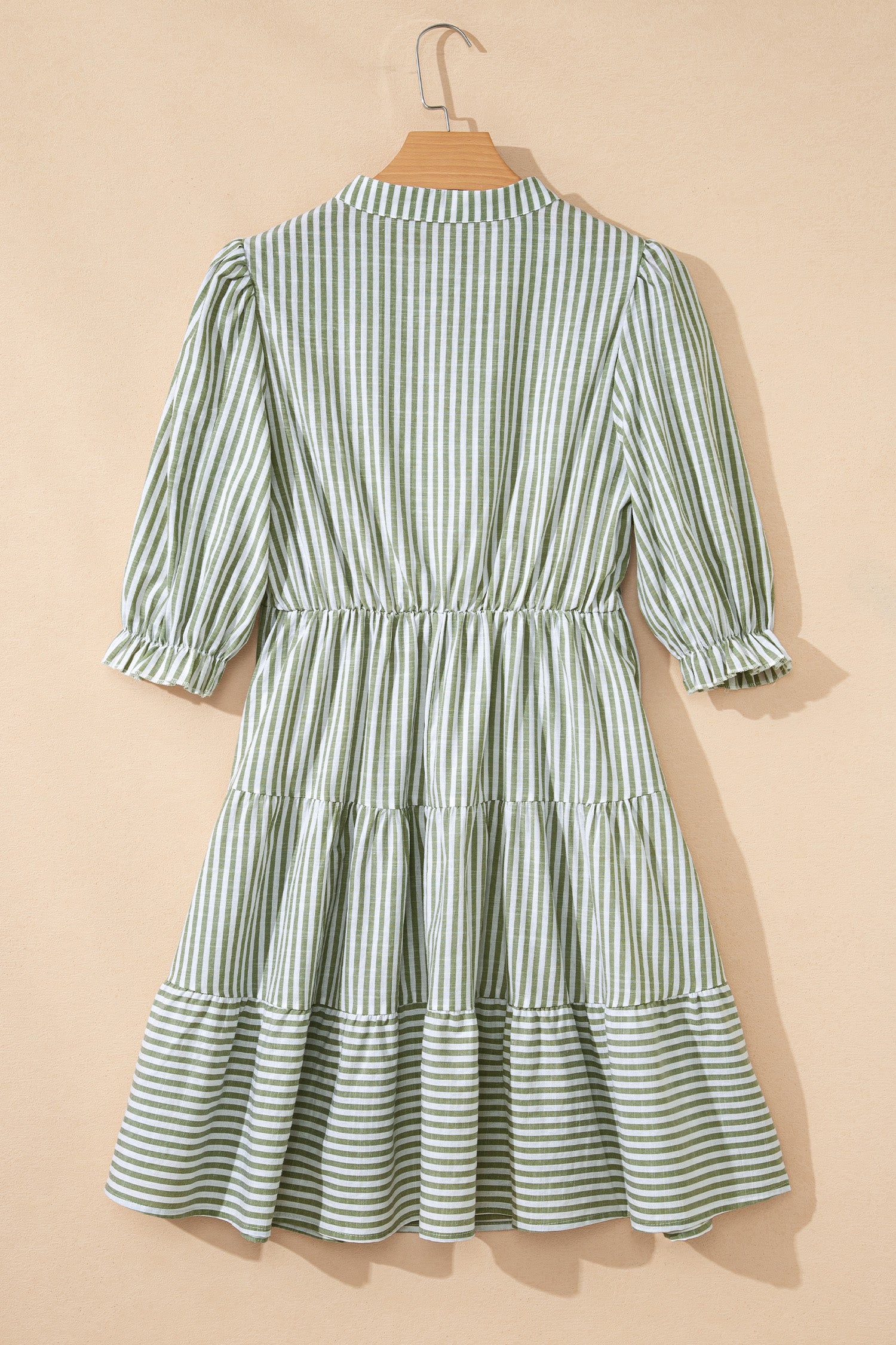 Green Stripe Tiered Dress Tasseled Tie Neck Ruffled Short Sleeve Women S-XL