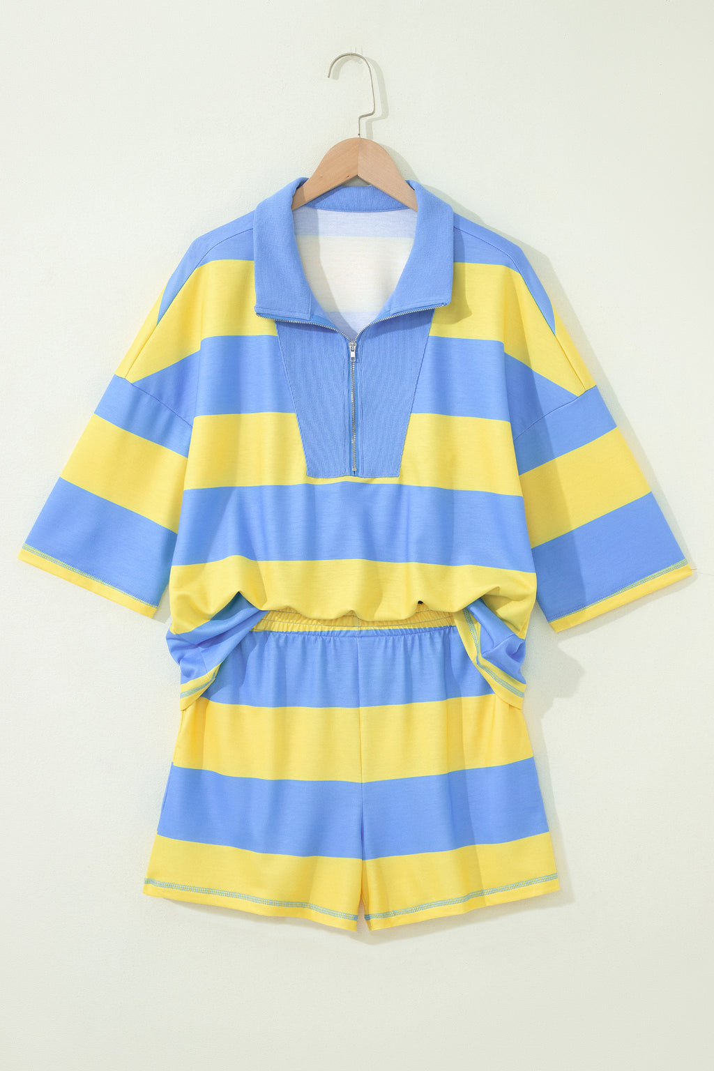 Seam Detail Half-Zip Tee & Casual Shorts Co-ord | Pink, Sky Blue & Yellow Stripe
