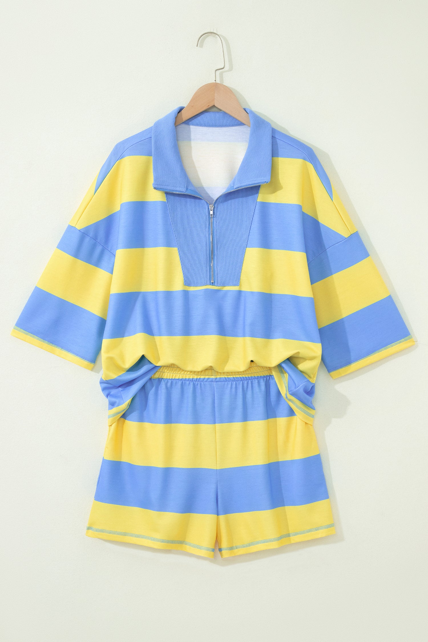 Seam Detail Half-Zip Tee & Casual Shorts Co-ord | Pink, Sky Blue & Yellow Stripe