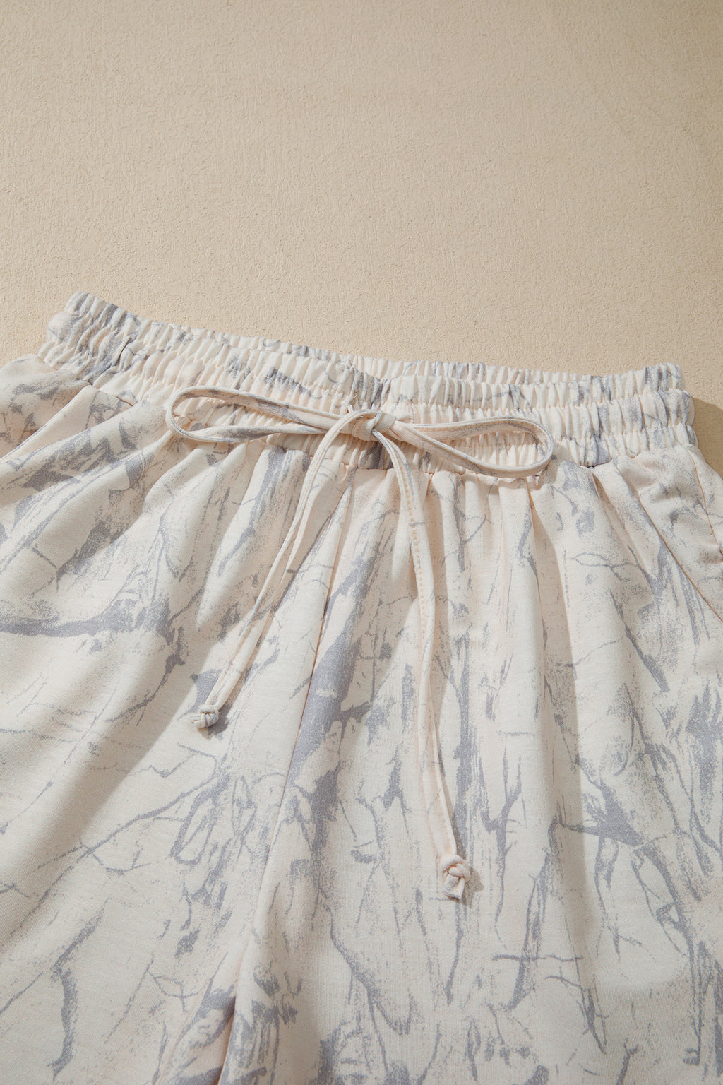 Abstract Print V-Neck Loose Tee & Drawstring Shorts Co-ord | Khaki & Pink