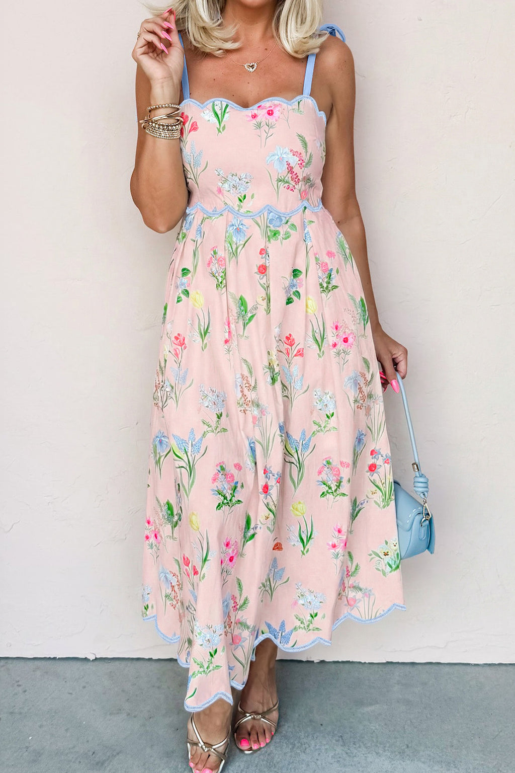 Floral Midi Dress Contrast Trim Self-Tie Straps High Waist Beige Pink Yellow