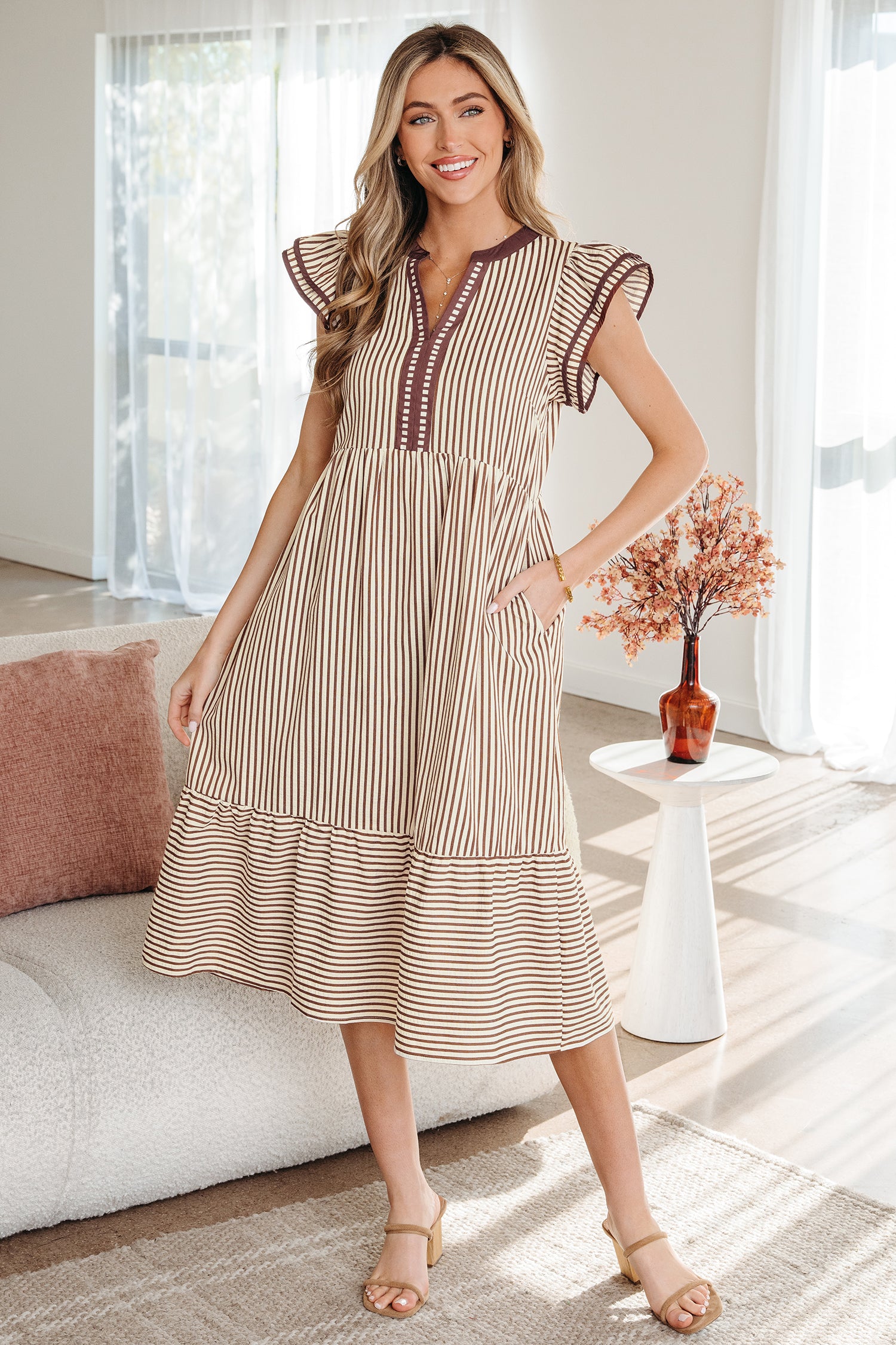 Stripe Double Ruffle Sleeve V-Neck Midi Dress | Green, Brown & Black