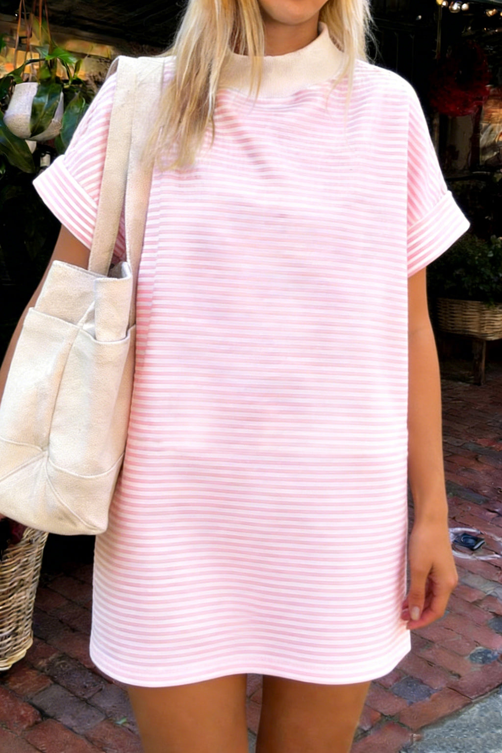 Pink Stripe Cuffed Short Sleeve Contrast Mock Neck Tee Dress S-XL