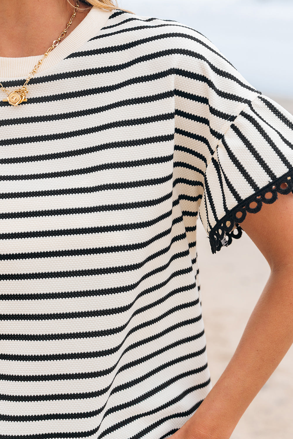 Black Stripe Ruffle Sleeve Crewneck Top | Lace Trim | S-XL