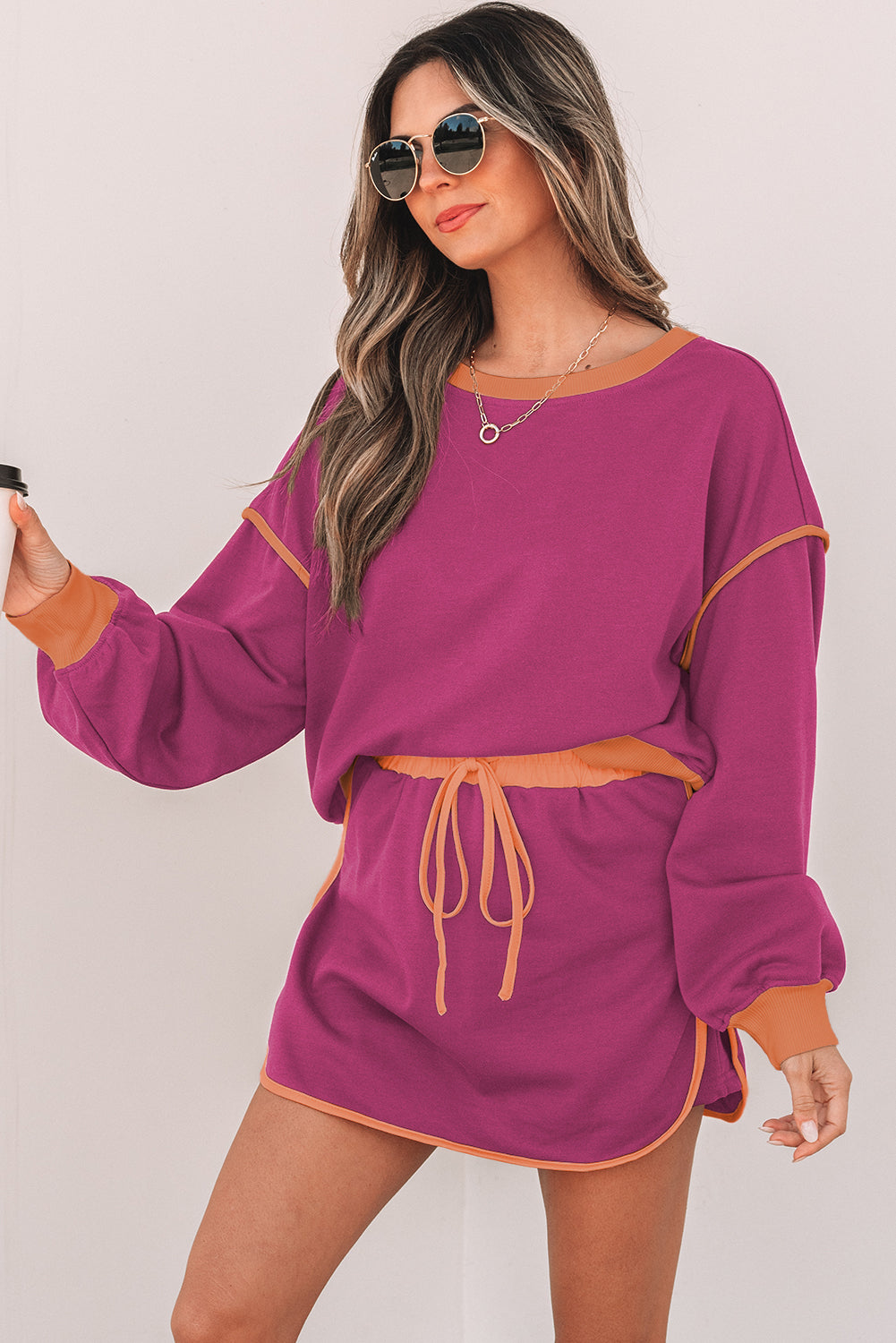 Shop Colour Contrast Loose Pullover & Lace-Up Waist Skort Set S-XL at LivelyLooks