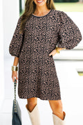 Women's Black Leopard Print Bubble Sleeve Shift Mini Dress at LivelyLooks