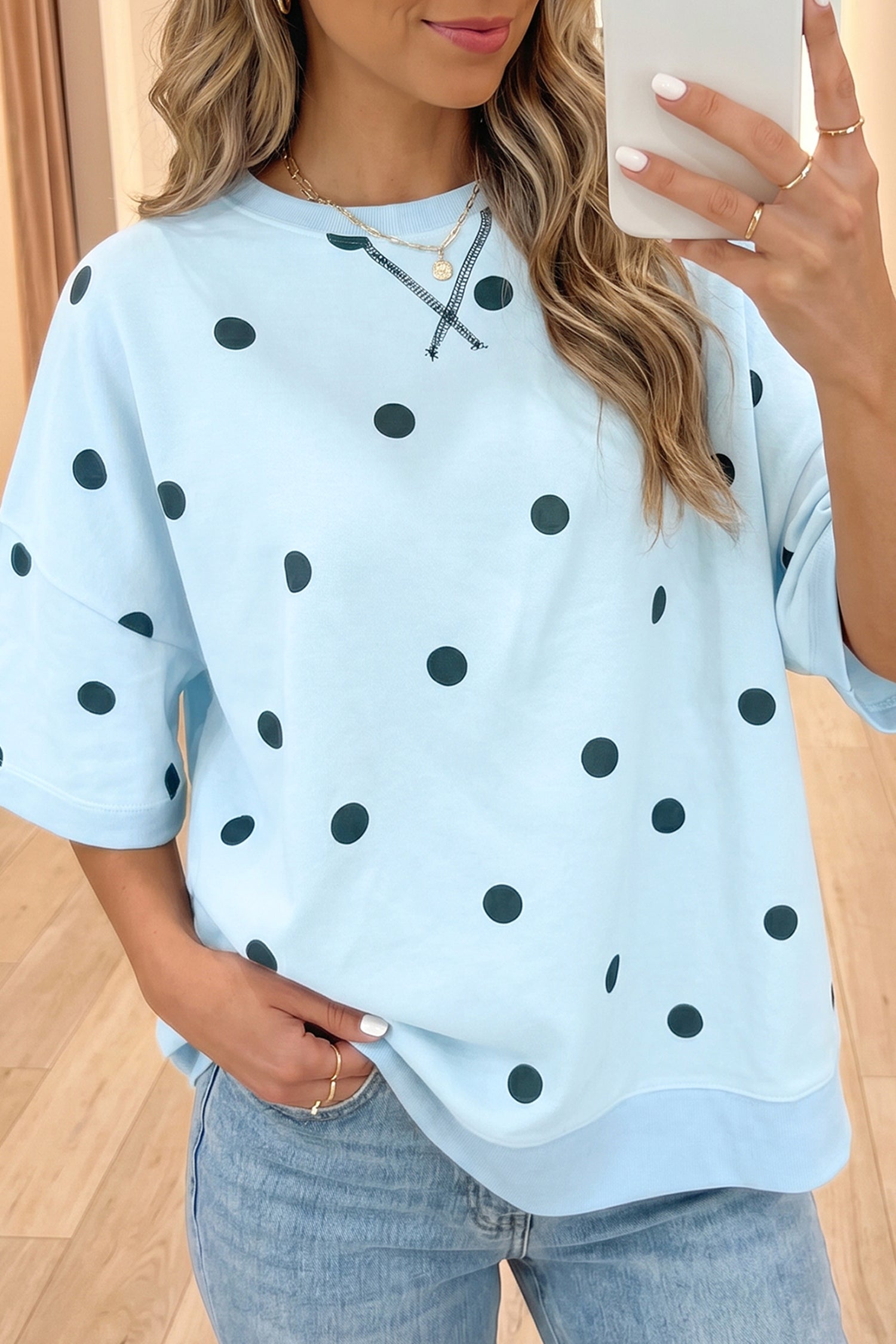 Women's Polka Dot Oversized Tee Crossed Seam Detail Yellow Sky Blue S-XL