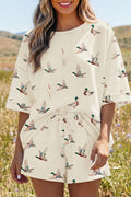 Beige Mallard Duck Print Oversized Tee & Drawstring Shorts Set Women S-XL