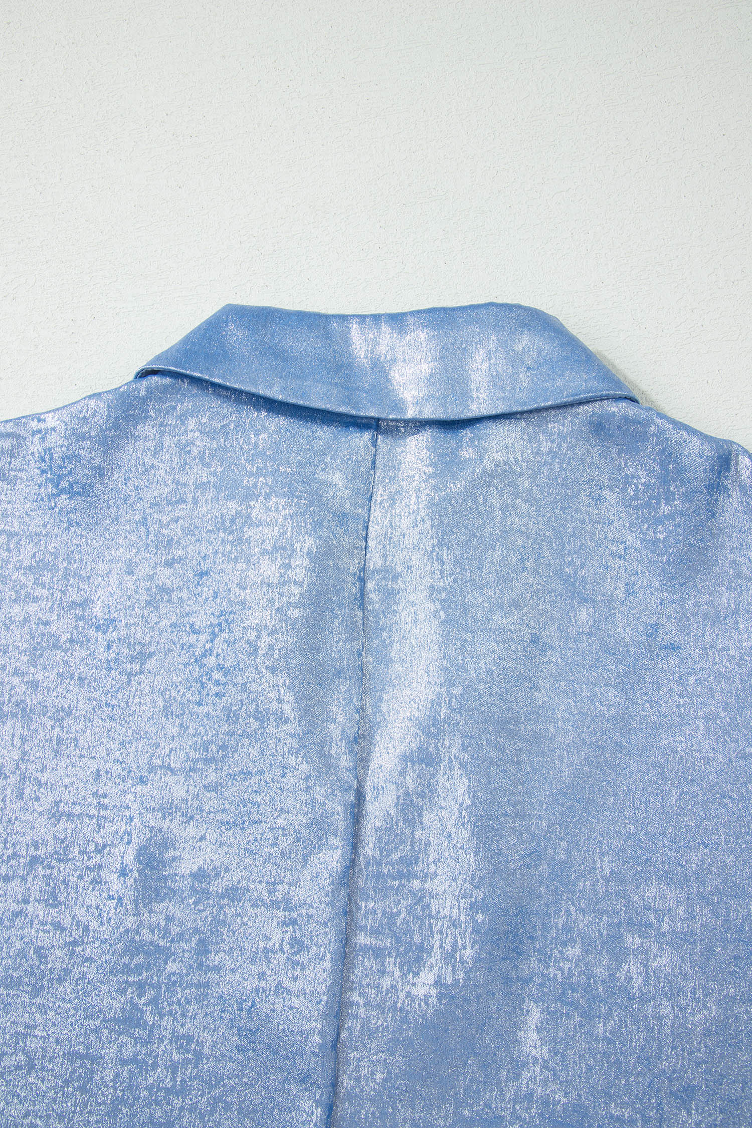 Women's Aqua Metallic Shimmer Collared V Neck Half Sleeve Top at LivelyLooks