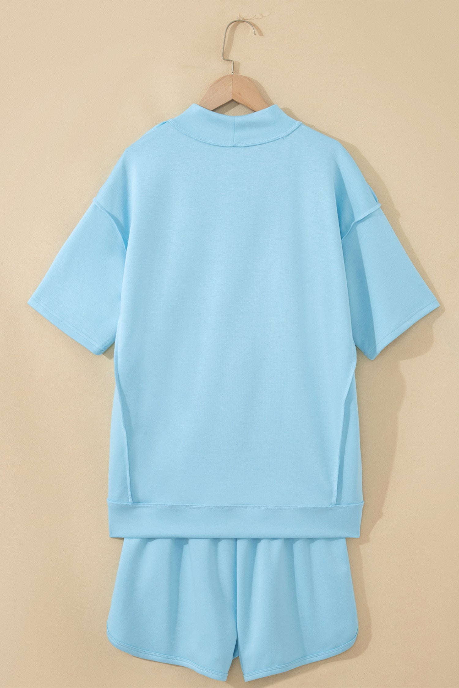 Exposed Seam Mock Neck Oversized Tee & Shorts Set – Mist Blue