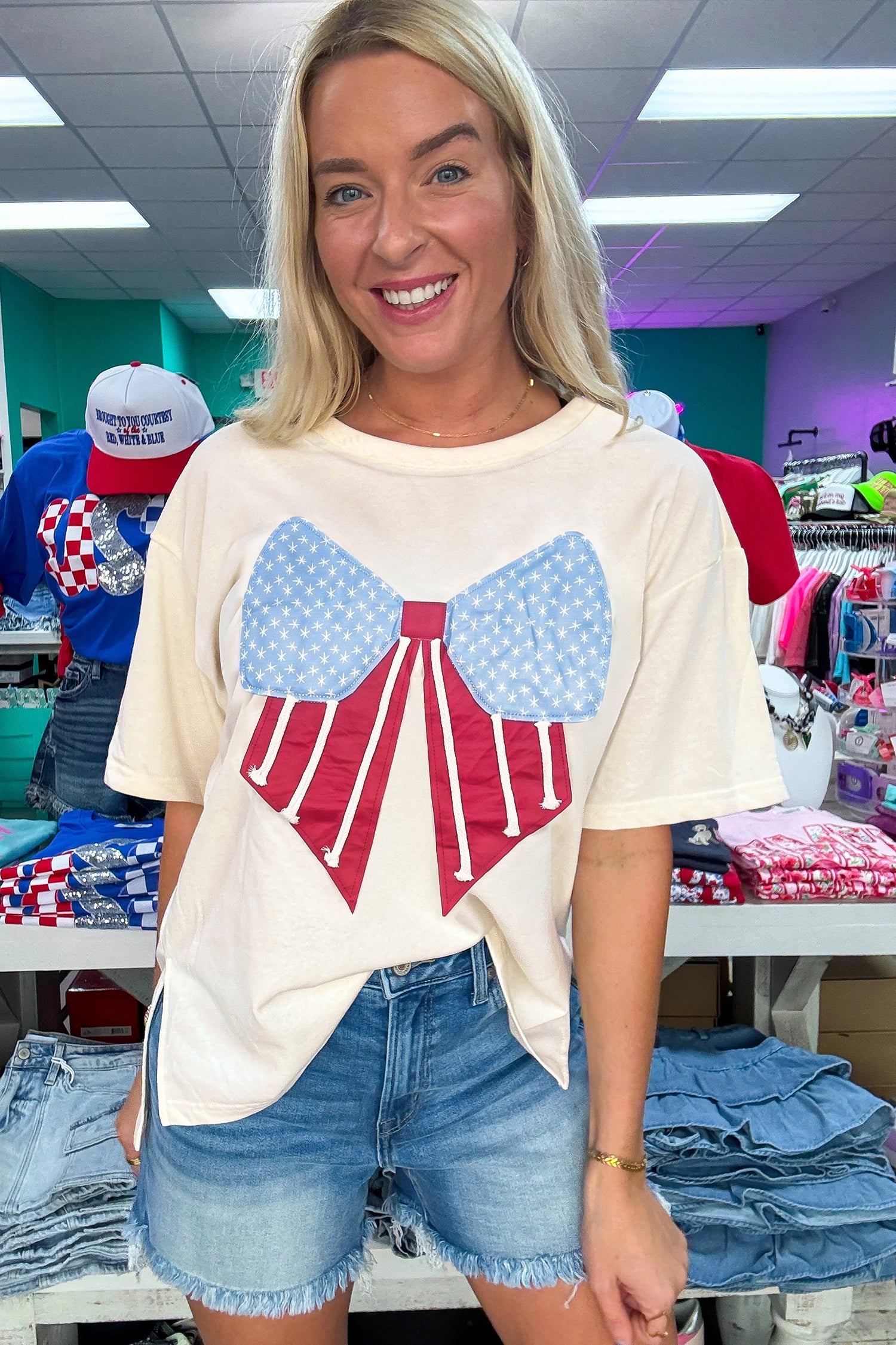 White Loose Knit Tee Vintage Flag Bow Patch Short Sleeve Women S-XL